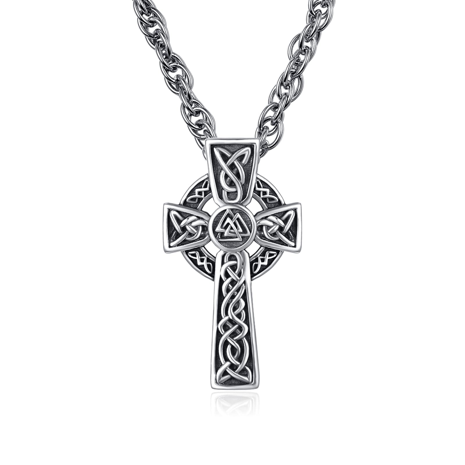 Celtic Knot Necklace Irish 925 Sterling Silver Religious Cross Protective Triquetra Trinity Triangle Pendant Necklace Jewellery for Men Women