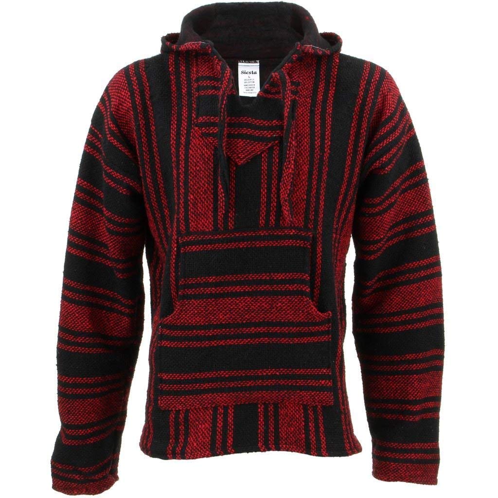 Siesta Mexican Baja Jerga red and Black Hooded Hippie top