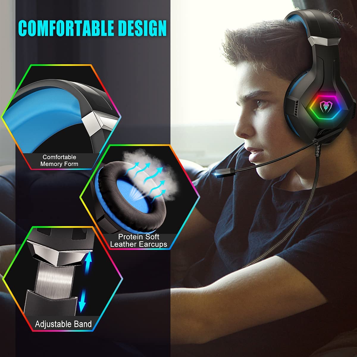 Gaming Headset Stereo Surround Sound Gaming Headphones with Breathing RGB Light & Adjustable Mic for PS4 PS5 PC Xbox One Laptop Mac