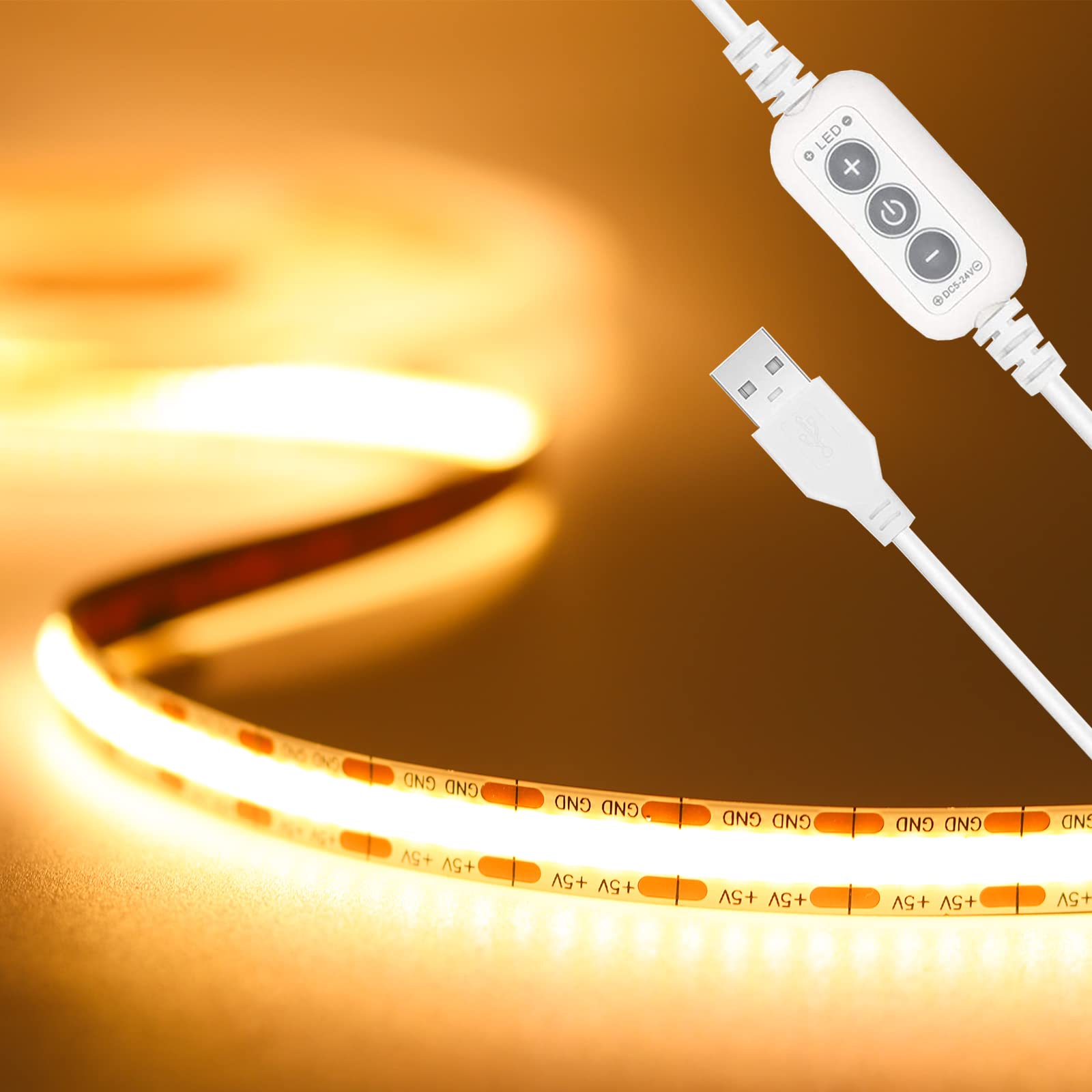 USB 5V LED Strip Lights Warm White 2M,PAUTIX 640LEDs Dimmable COB Strip Light CRI90+ 2700K Monitor TV Backlight,Flexible Under Cabinet Tape Light for Cabinet,Bedroom,Home DIY Lighting