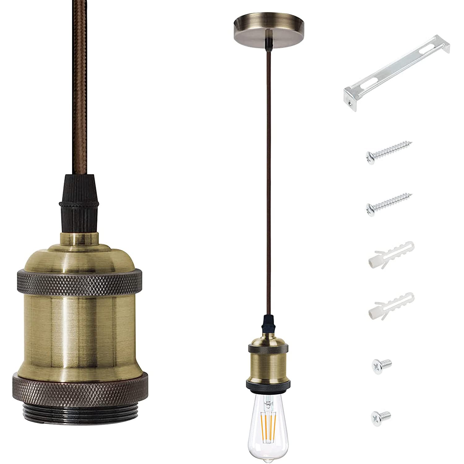 E27 Vintage Ceiling Pendant Light Fitting Modern Retro Industrial Style E27 Base Brass Lamp Holder Pendant Set[Energy Class A+] (Antique Brass)