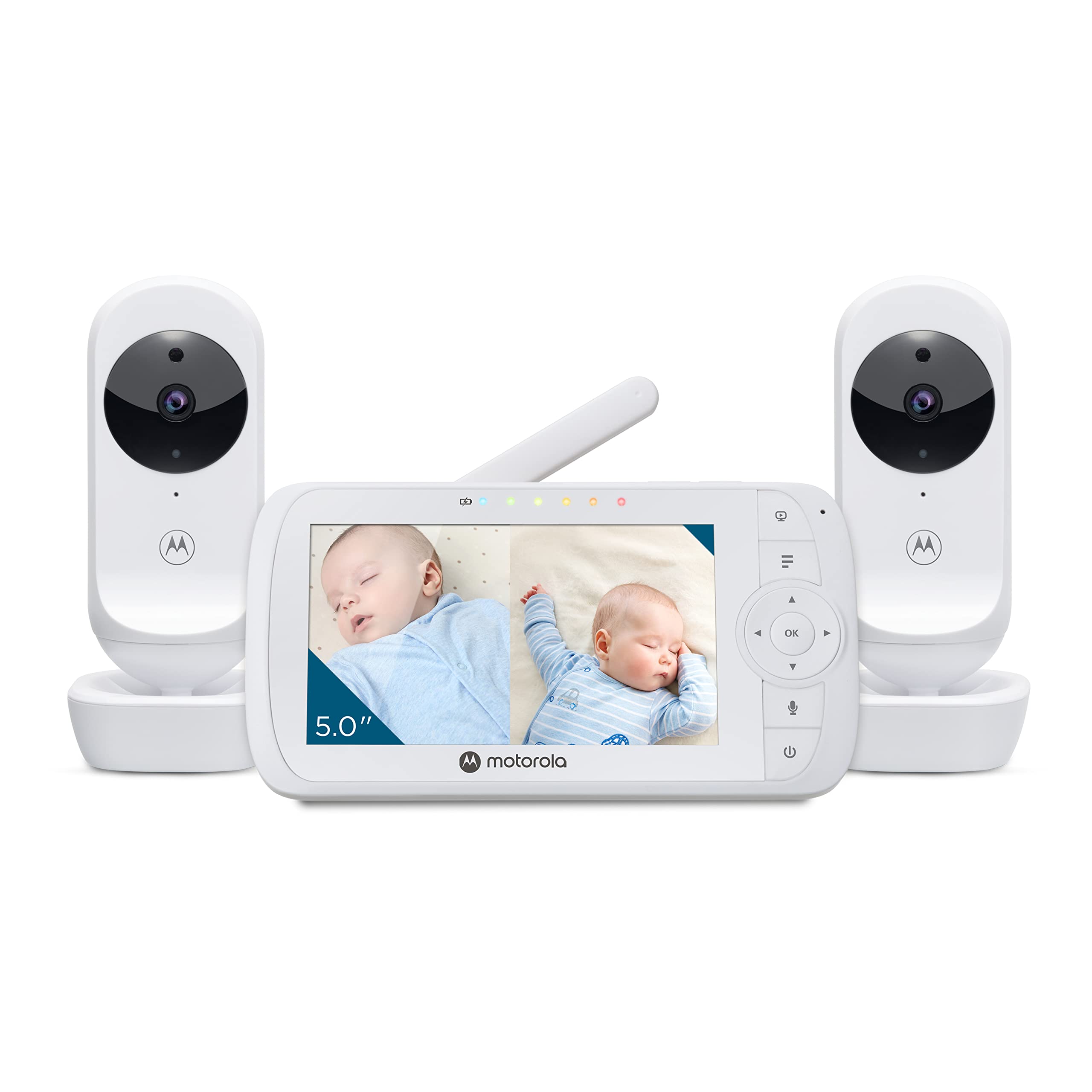 Motorola VM35-2 / Ease 35 Twin Baby Monitor with 2 Cameras 5.0 Inch Video Baby Monitor HD Display Split Screen Display Night Vision TwoWay Communication Lullabies Zoom Room Temperature, White