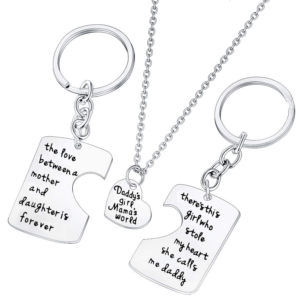 3PCs Family Gifts Daddys Girl Mamas World Necklace Set Keychain Jewellery Set Gifts for Mother Father Daughter
