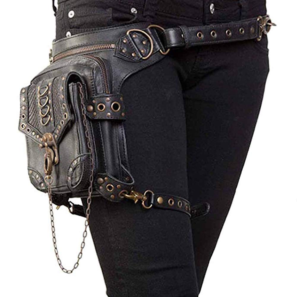 Malayas Steampunk Bag，Waist Bag/Shoulder Bag/Vintage Leather Shoulder Bag/Leg Bag Gothic Unisex, Black