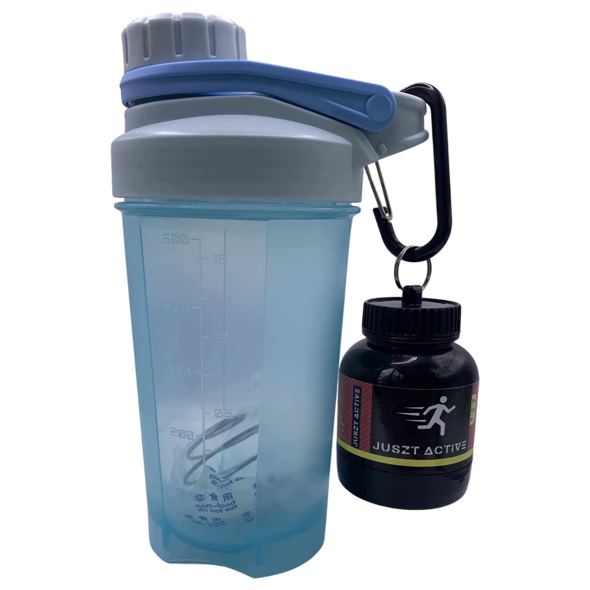 Juszt Active, Protein shaker water bottle 500ml with Protein Powder Storage Keychain, Portable Supplement Powder Container | 100g Capacity, Black Protein Powder Container Keyring(Blue)