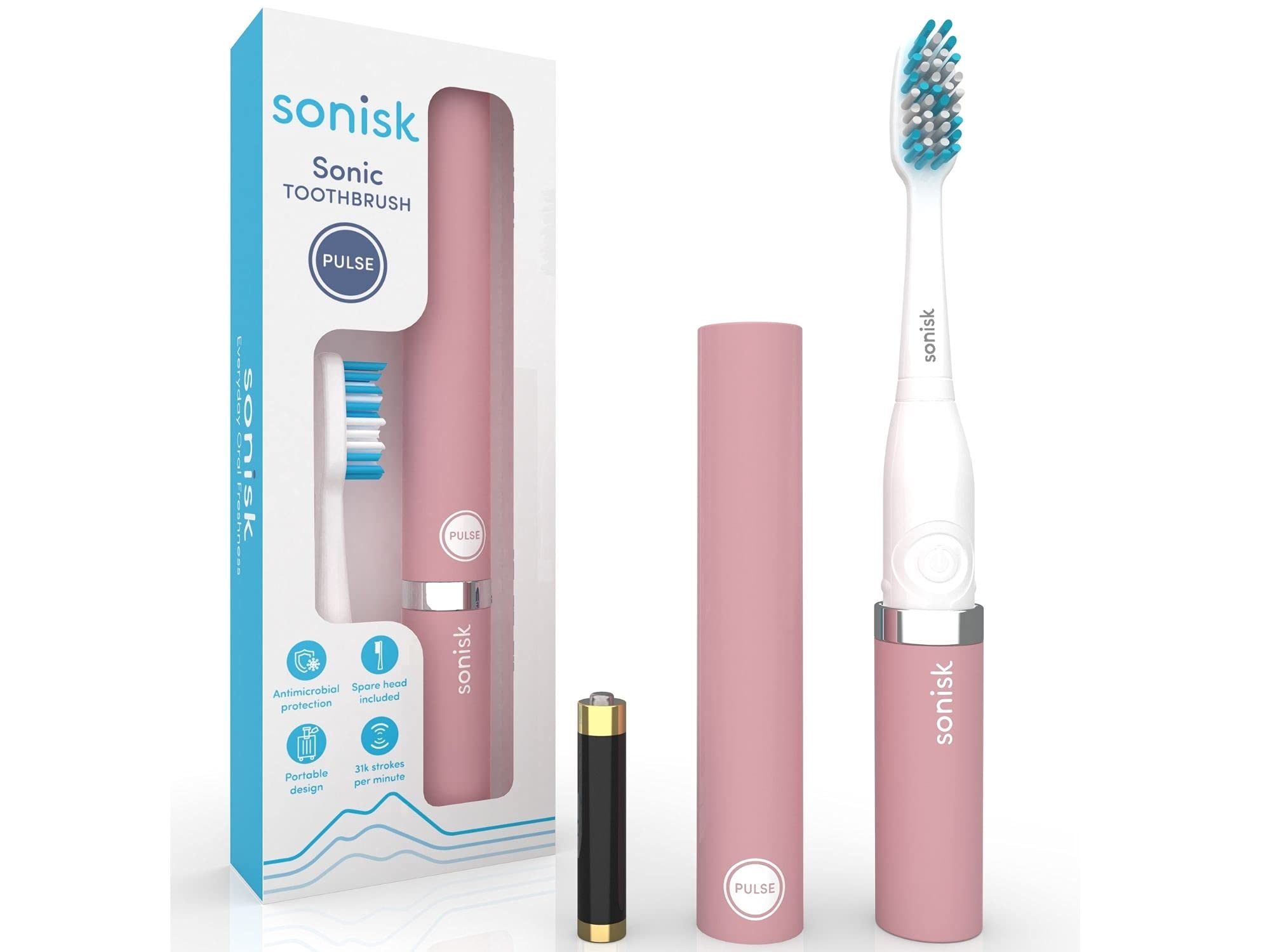 Sonisk Pulse | Battery Powered Electric Toothbrush | Sonic Technology | 1x Battery, 2X Brush Heads, 1x Travel Case Included | 31,000 Strokes Per Minute | Antimicrobial | Portable Size | Dusty Pink
