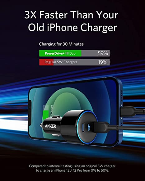 USB C Car Charger, Anker 50W 2-Port PIQ 3.0 Fast Charger Adapter, PowerDrive+ III Duo with Power Delivery for iPhone 13/13 Mini/13 Pro/13 Pro Max/12, Galaxy S10/S9, Note 9, iPad Pro and More