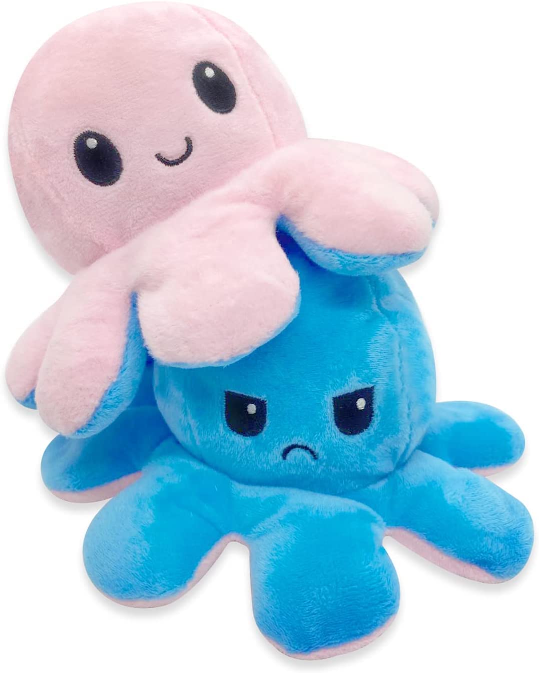 FASTEXX Reversible Octopus Plush Toy, Express Your Mood with Happy Face and Sad Face Mood Octopus, Soft Stuff Flip Octopus Plushie, for Kids, Friends, Family (Blue/Pink)