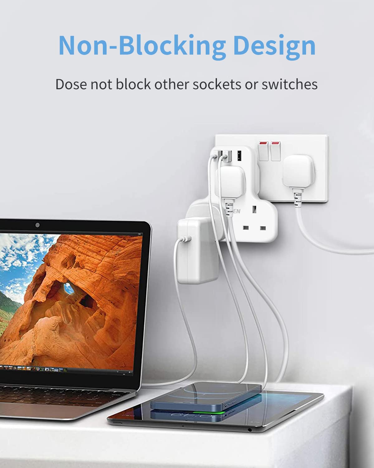 Mscien 3 Way Plug Extension with USB, Multi Plug Extension Sockets with 3 USB, Wall Plug Adapter Turn 1 into 3, Compact Power Extension Adapter
