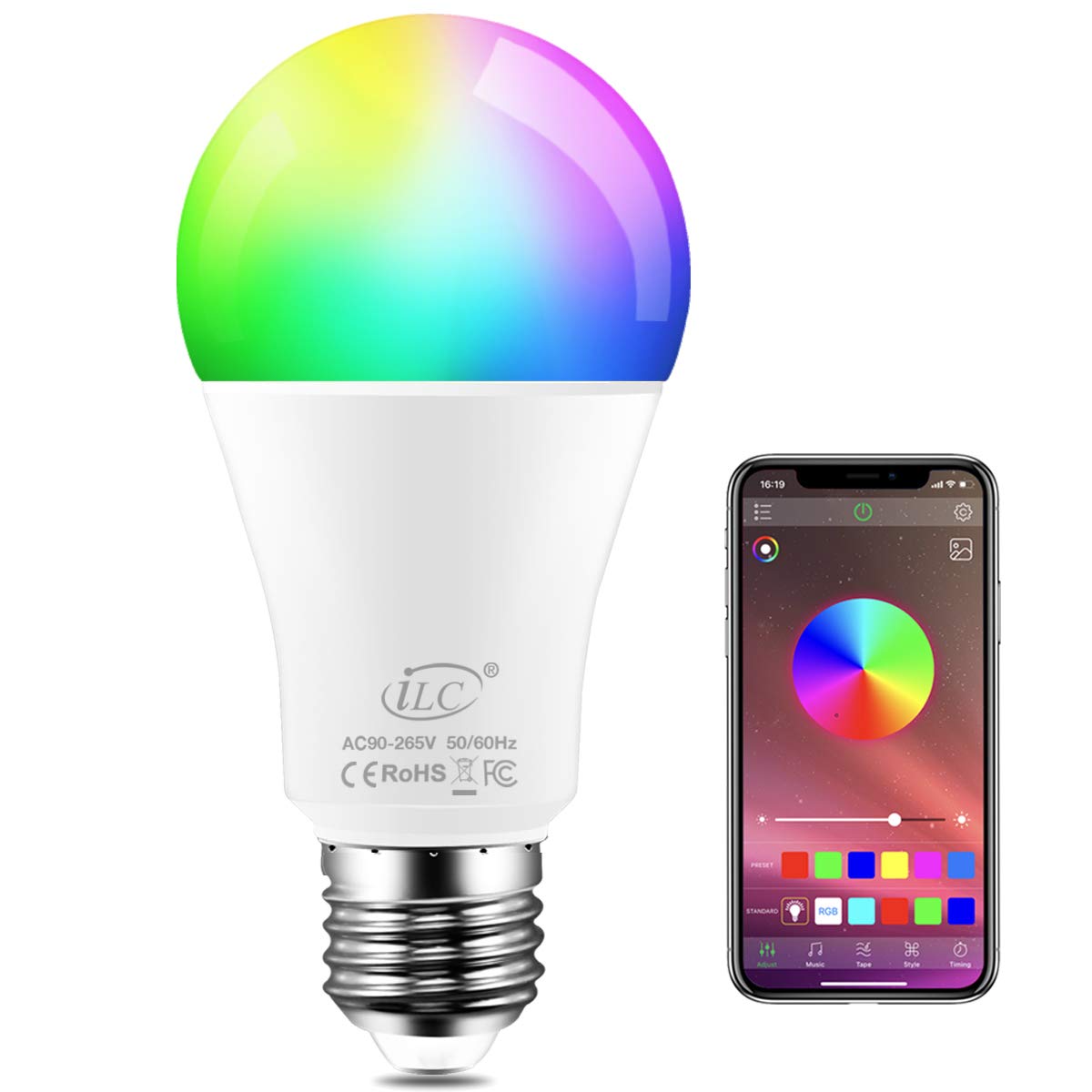 iLC Colour Changing LED Light Bulb E27 RGBW Controlled by APP, Sync to Music, Dimmable Multi-Color 60 Watt Equivalent