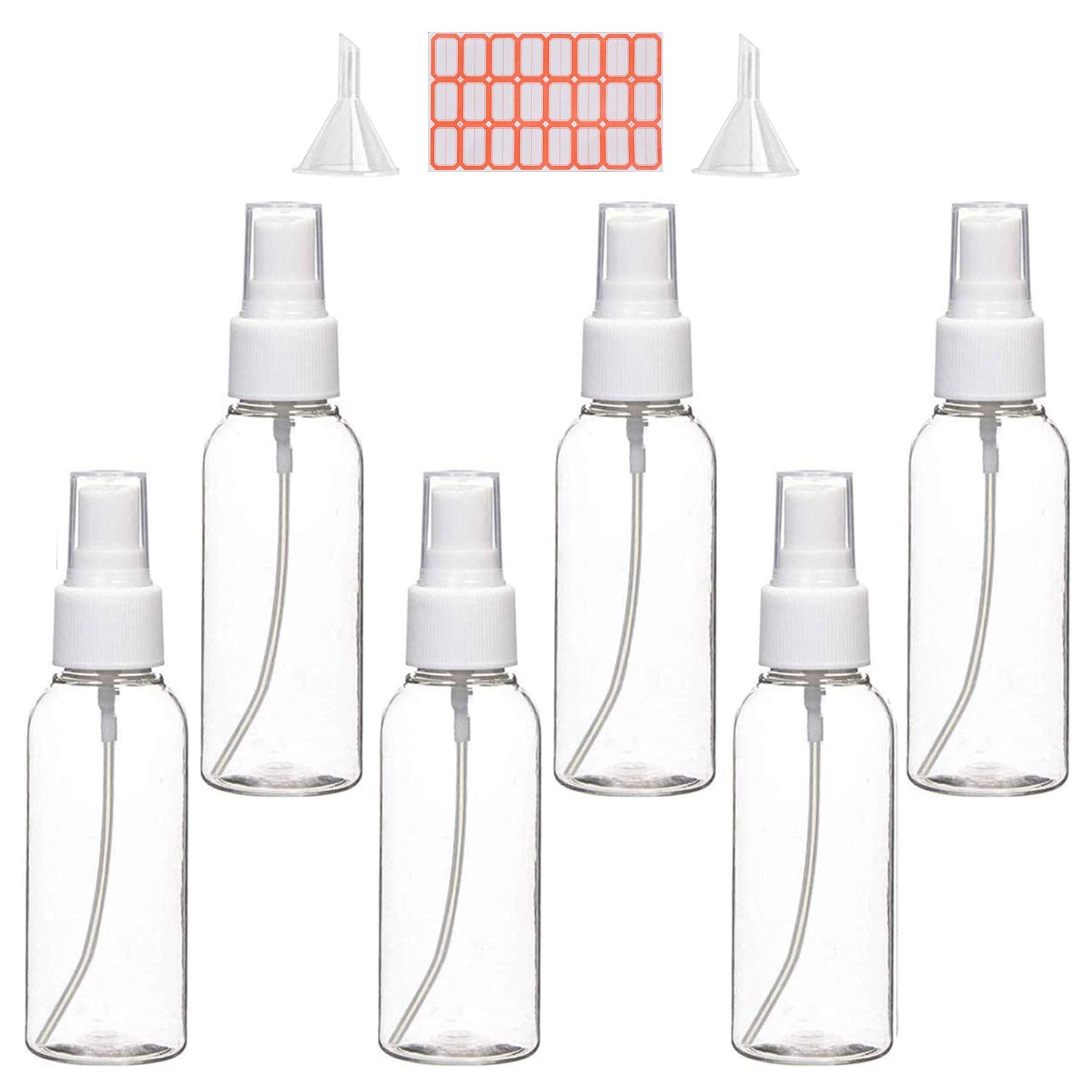 Spray Bottles, 50ml Clear Empty Fine Mist Plastic Travel Atomiser Bottle Set, Small Refillable Liquid Containers with 2pcs Funnels and 24pcs Labels for Make-up Cosmetic Hair （6PCS）