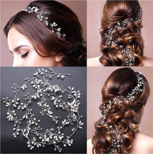 Bridal Hair Vines Crystals Wedding Headpieces, 20 Inches Handmade Crystal Pearl Wedding Evening Party Headpiece Head Band Bride Wedding Hair Accessories for Bridesmaid and Flowergirls - Silver