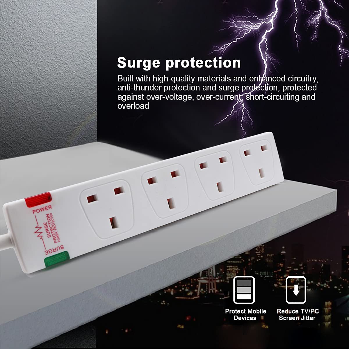 ExtraStar 4 Way Extension Lead with Surge Protection, 13A/250V~ Multi Sockets Power Strips, 3120W Fused UK Plug Wall Mounted Power Socket with 5M Extension Cord-White