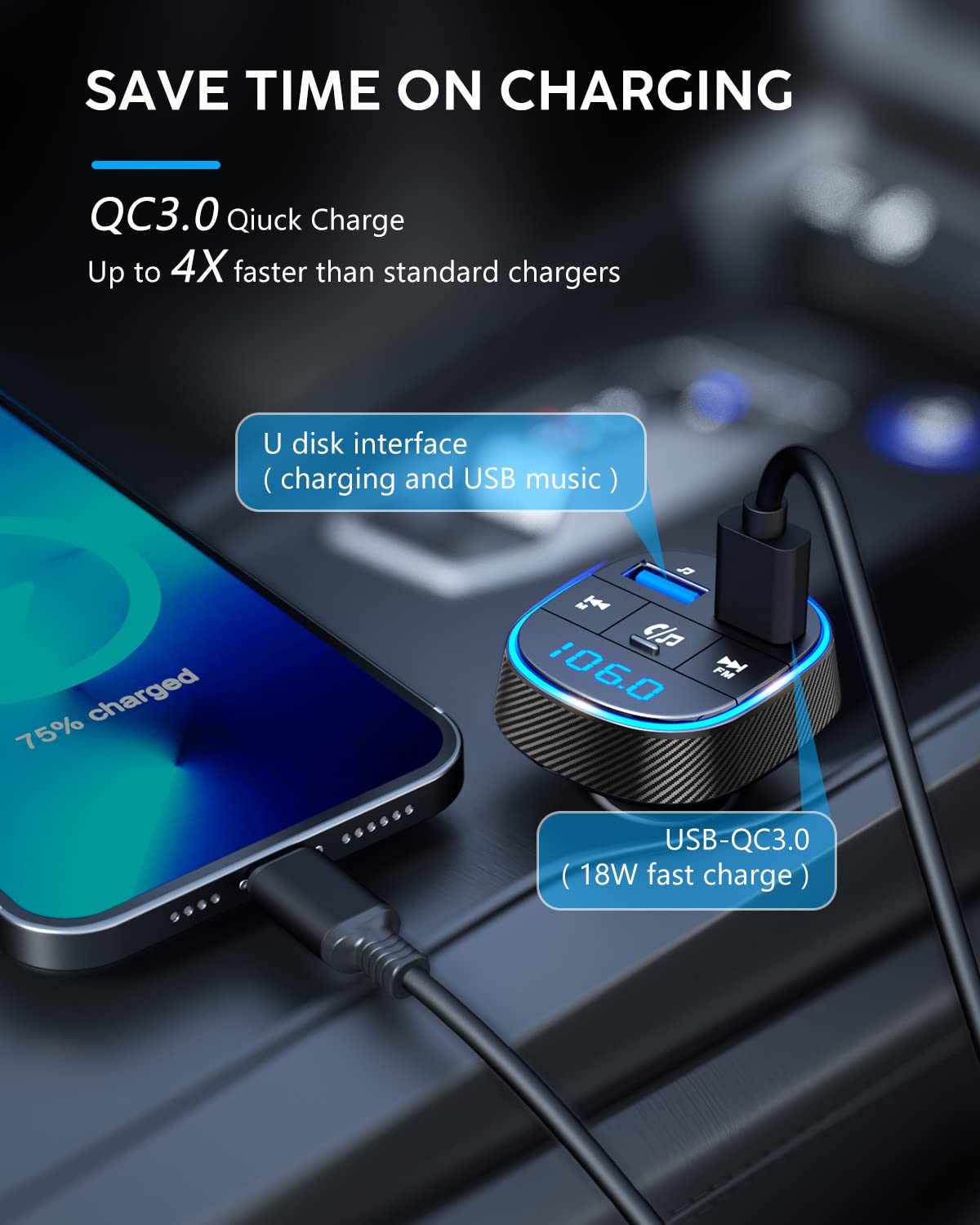【Upgraded Version】Clydek FM Transmitter for Car, Bluetooth 5.0 Car Radio Audio Adapter with Dual USB Charge Port, MP3 Player Car Charger Support Hands-free Calling, USB Drive, SD Card (Black)