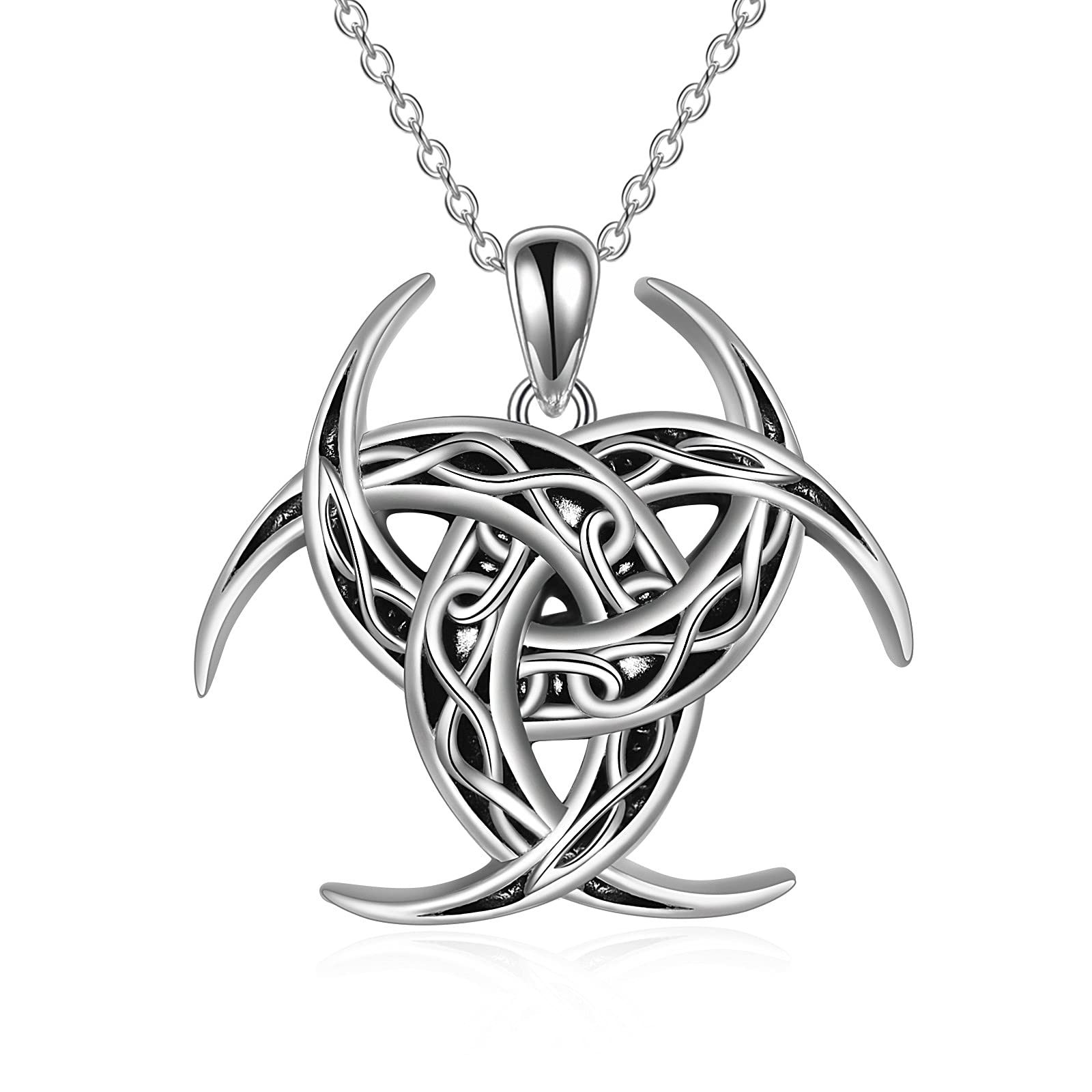 Celtic Knot Necklace Viking Pendant Celtic Norse Triple Odin Horns Crescent Moon of Oden Horn Necklace Mens 925 Sterling Silver Triskelion Amulet Protection Viking Triskele Jewelry