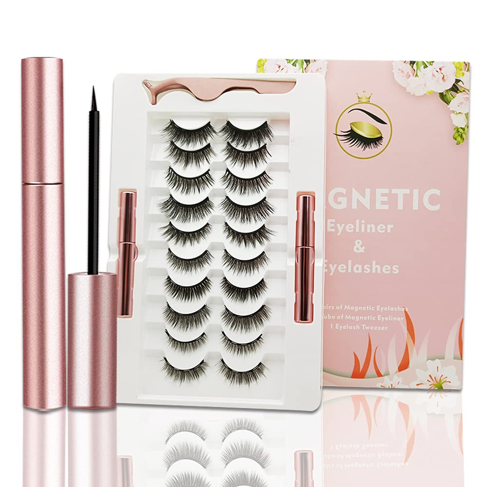 Magnetic Eyelashes with 2 Eyeliners Kit, 10 Pairs Reusable eyelashes,Glue-Free Natural False Eyelashes and Liquid Eyeliner Kit-with Tweezers,3D Beautiful Magnetic Eyelashes