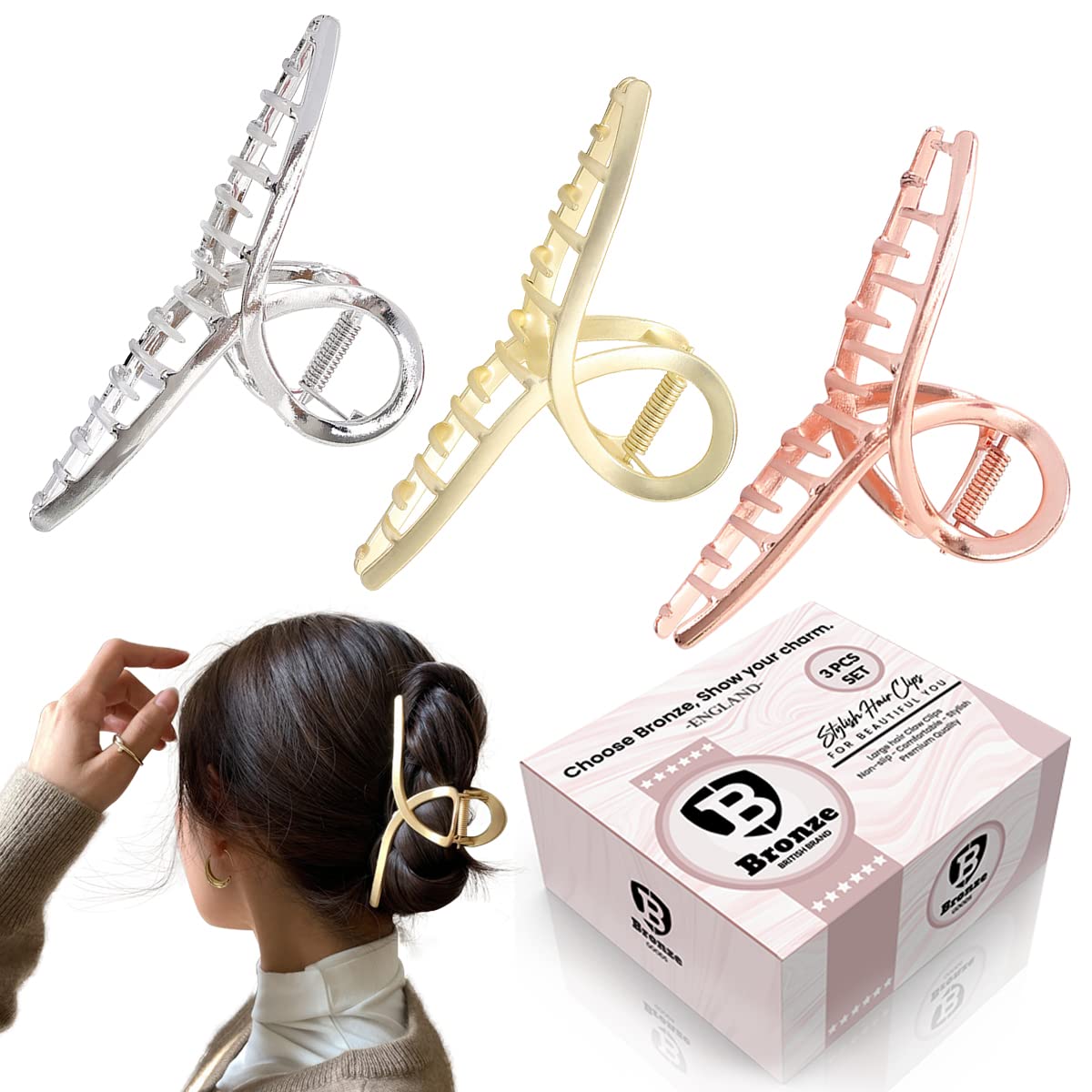 Bronze Hair Clips Large Metal Hair Claw Clips, Strong Hold Hair Jaw Clips, Anti Slip Hair Clamp, Hair Styling Accessories for Women and Girls Thin Thick Hair Gift for Women 3pcs