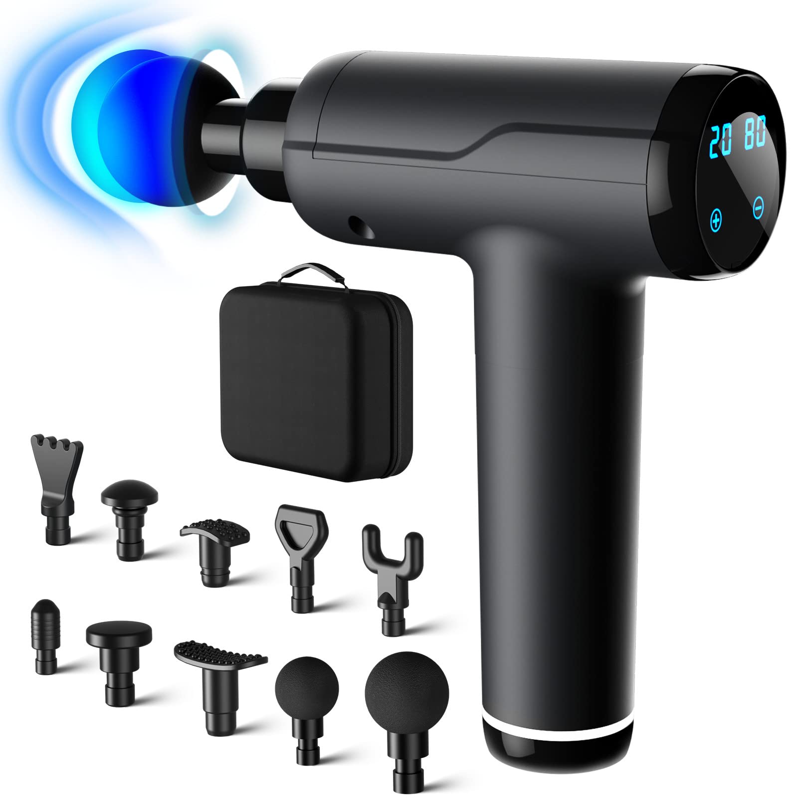 Massage Gun, Portable Muscle Massage Device with 10 Massage Heads, 2021 Deep Tissue Massager 20 Speeds with LCD Touch Screen, Featuring Quiet Glide Technology, Powerful Cordless Percussion Handheld