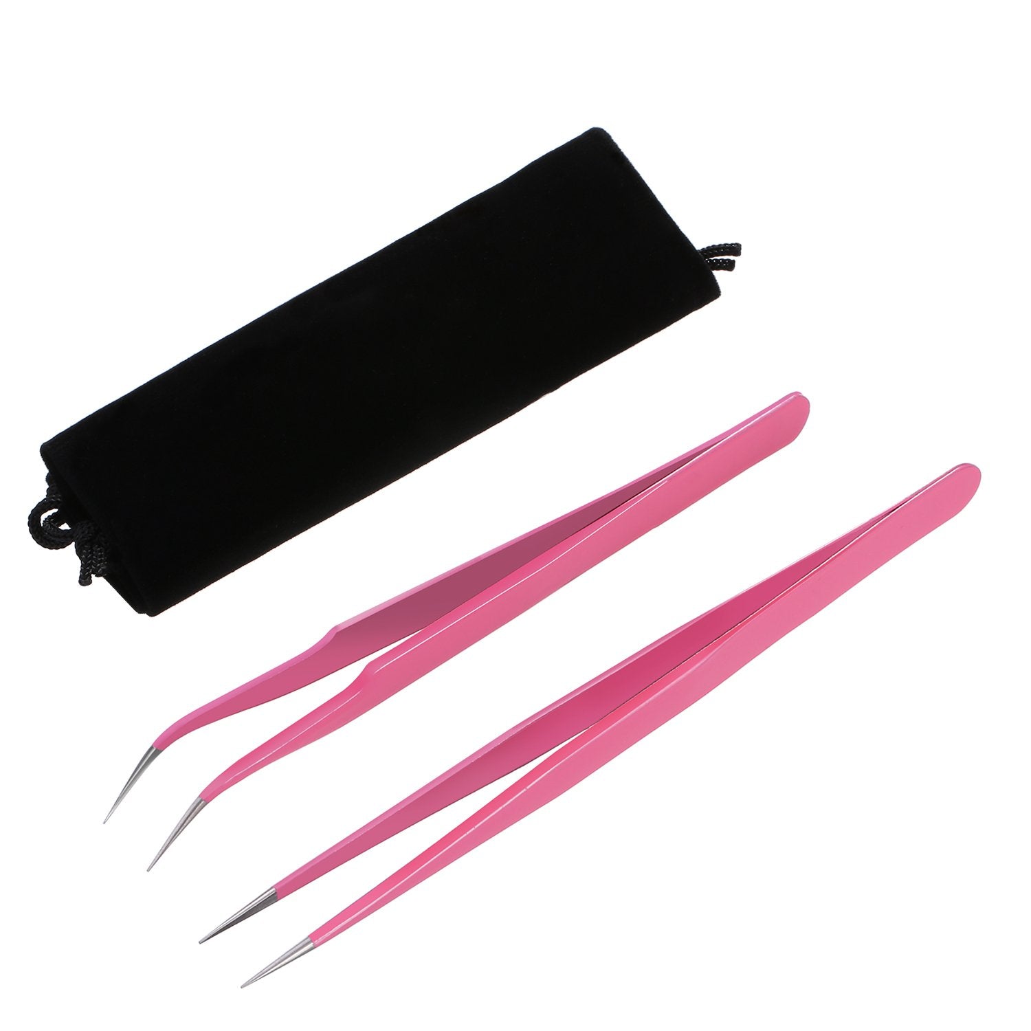 2 Pieces Straight and Curved Tip Tweezers Nipper for Eyelash Extensions, Pink Stainless Steel False Lash Application Tools