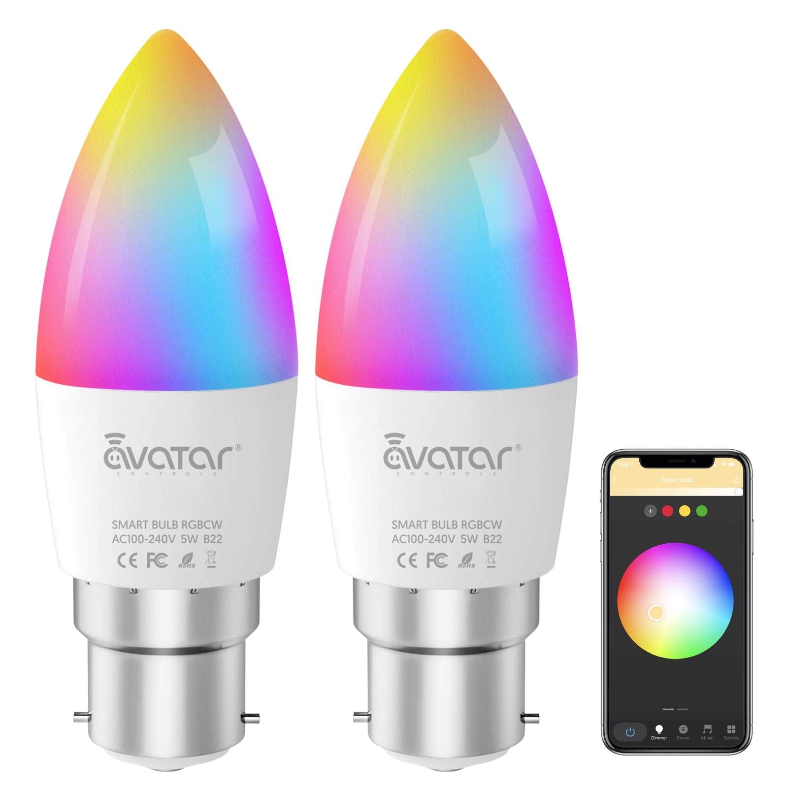 Smart Light Bulb Candle B22 Bayonet, Music Sync Alexa WiFi Lights RGB+Warm Daylight White, Colour Dimmable 2 Pack