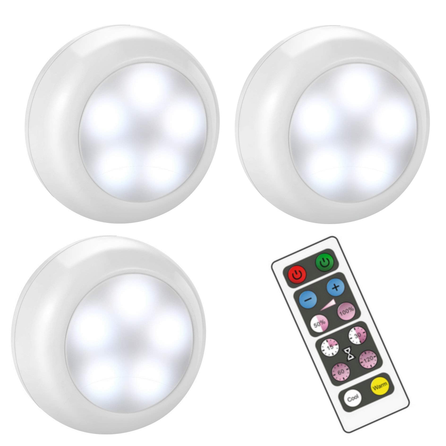 BLS AA-1035 Led Puck Lights with Remote Control, Wireless Dimmable Stick On Lights, 3 AA Battery Operated, Push Lights, Cupboards, Under Cabinet Lights with Timer, Cool White and Warm White - 3 Pack