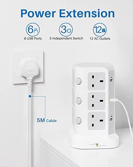 Tower Extension Lead With 5M Cable by KOOSLA, [13A 3250W] Surge Protector - 12 AC Outlets & 6 USB Ports Multi Plug Socket Charging Station , Tower Power Strip for Home, Office,Kitchen