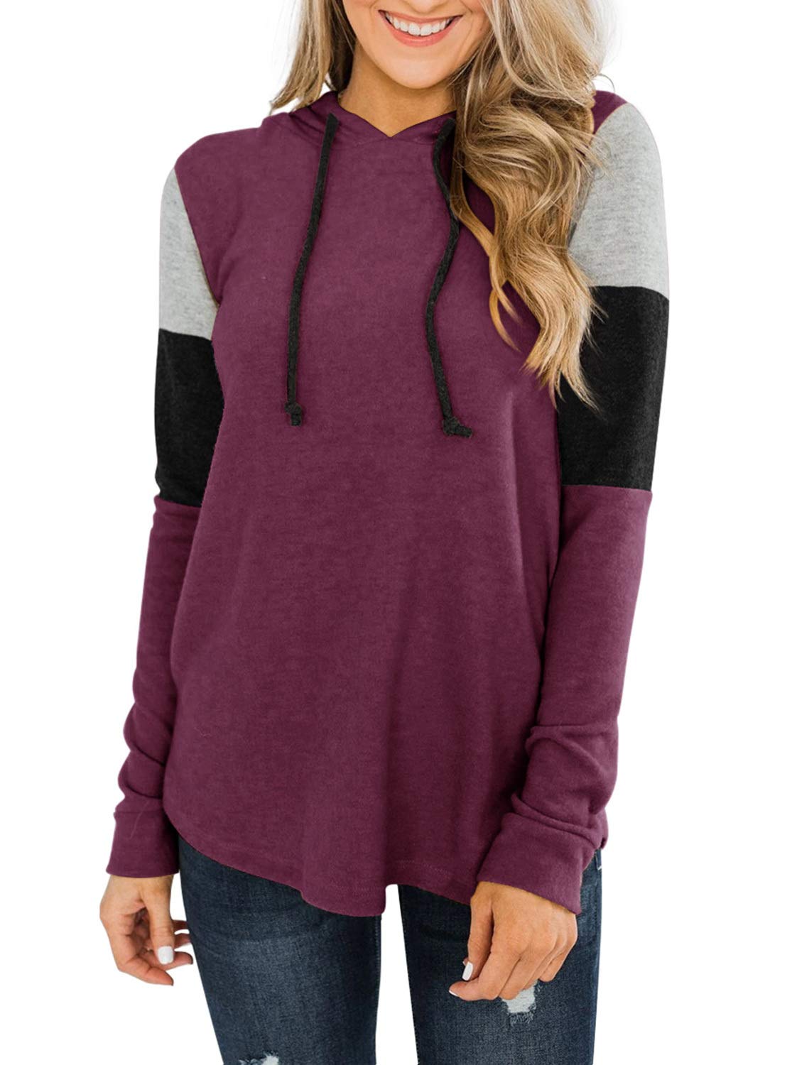 REORIA Womens Color Block Hoodie Sweatshirts Tunic Pullover Tops Long Sleeve Drawstring Shirts
