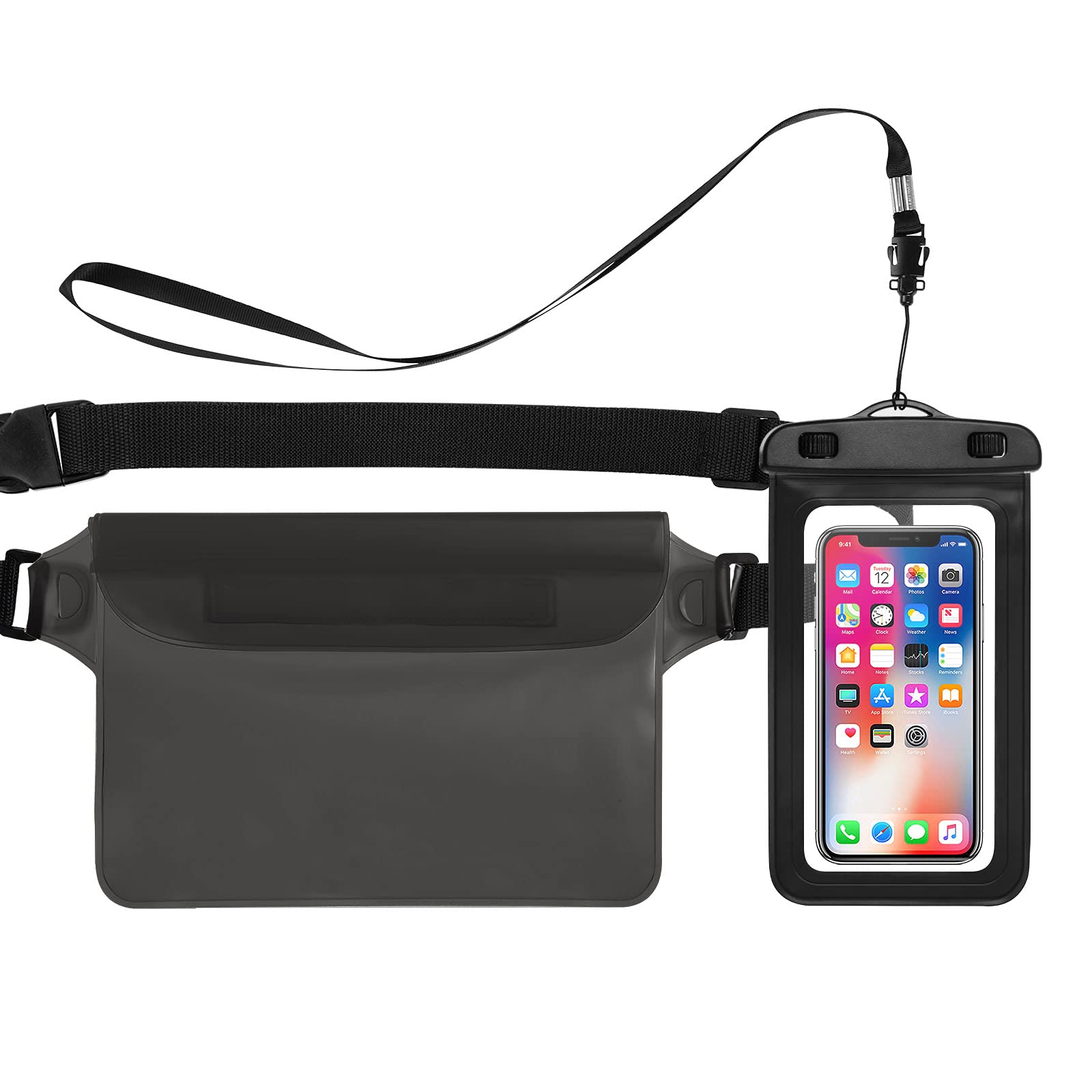 Bigqin Waterproof Phone Case + Waist Bag, Underwater Pouch Dry Bag with Lanyard for Beach Swimming Boating Snorkeling, Protect Phone Up to 6.5"