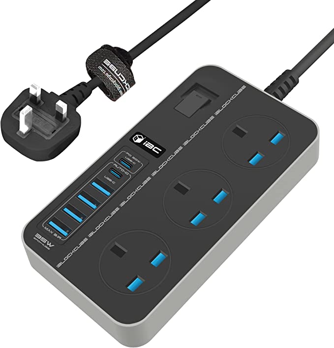 iBlockCube 3 Way Extension Lead with Fast Charging USB Port | 6 USB Slots (2USBC+4USB) | 13A UK Surge Protected Power Strip Charging Station 2M/6.56FT Cable Fuse Protector & Shutter (Black-Grey)