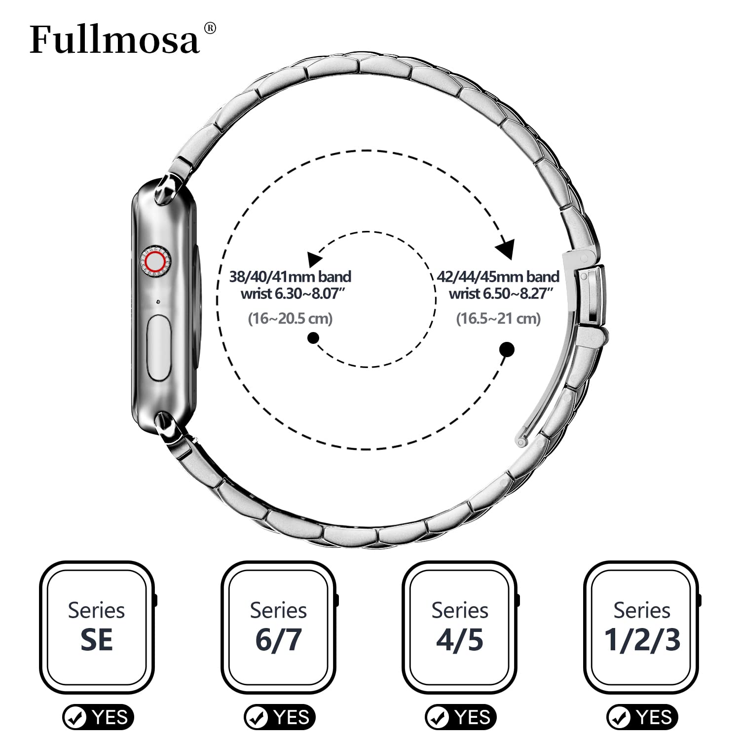 Fullmosa Metal Strap Compatible with Apple Watch Strap 38mm 40mm 41mm Stainless Steel Replacement Band Compatible with iWatch Series 7 6 SE 5 4 3 2 1 Strap, Silver& Protective Case