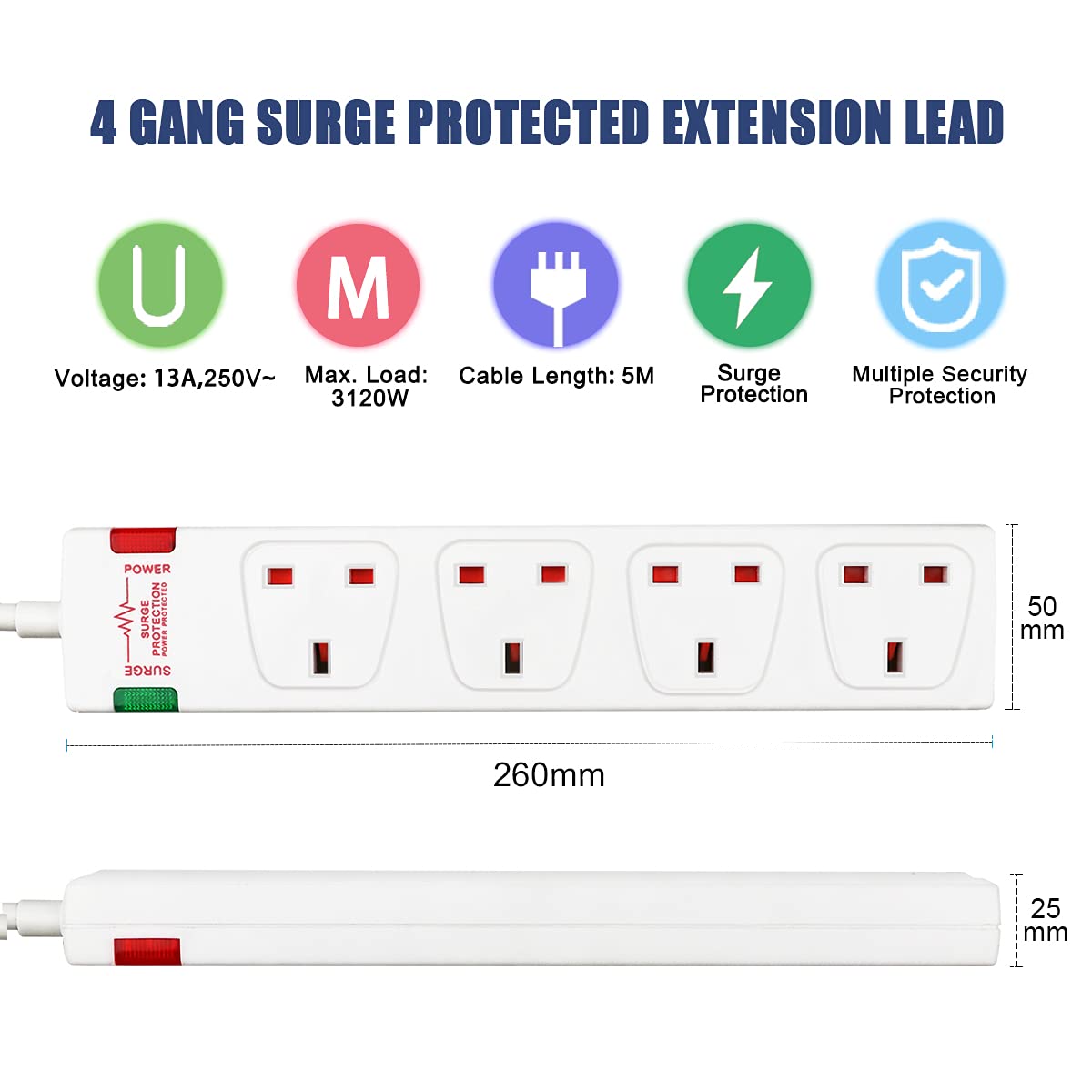 ExtraStar 4 Way Extension Lead with Surge Protection, 13A/250V~ Multi Sockets Power Strips, 3120W Fused UK Plug Wall Mounted Power Socket with 5M Extension Cord-White