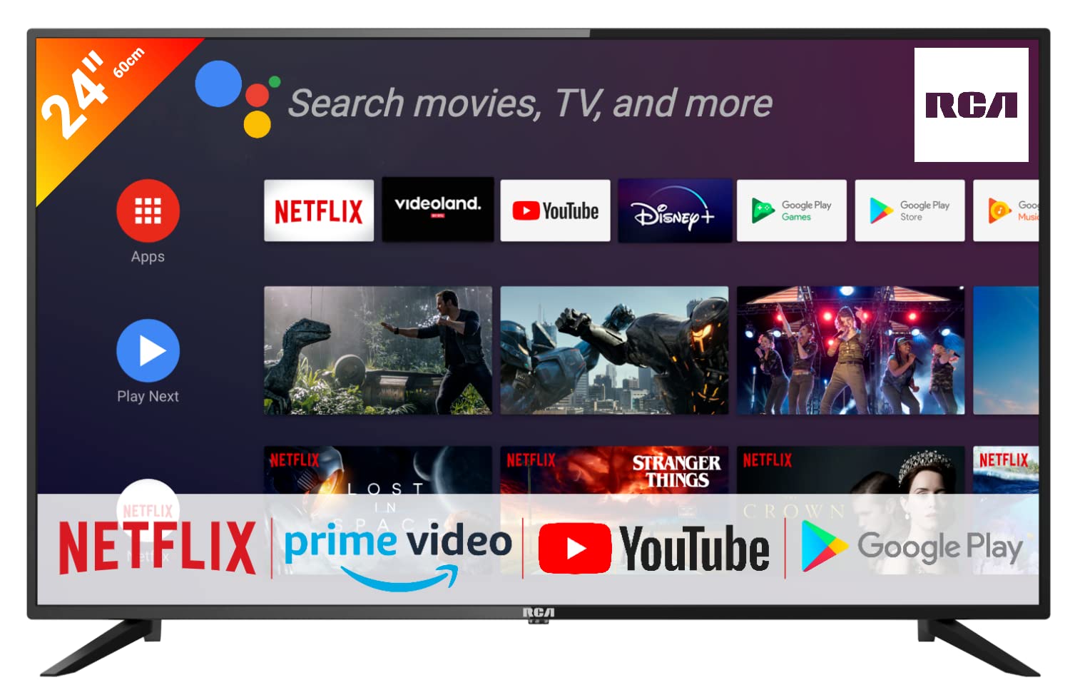 RS24H1-UK Android Smart TV, 24 inch, Google Assistant, Chromecast, Prime Video, Netflix, Disney+, Google Play Store, remote control with microphone, triple tuner, Freeview