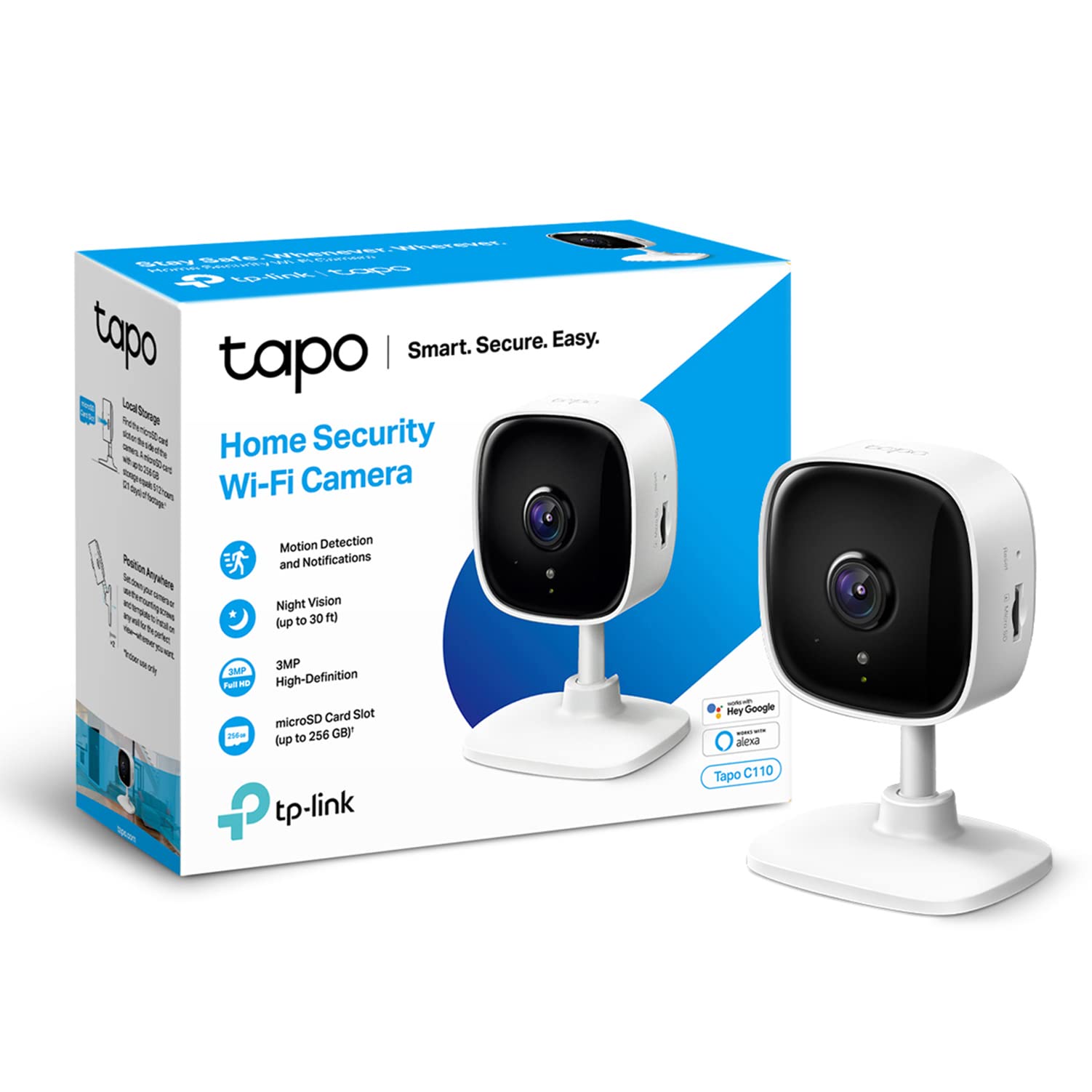 TP-Link Tapo Mini Smart Security Camera, Indoor CCTV, Works with Alexa&Google Home, No Hub Required, 3MP(2304 × 1296) High Definition, 2-Way Audio, Night Vision, SD Storage, Device Sharing(Tapo C110)