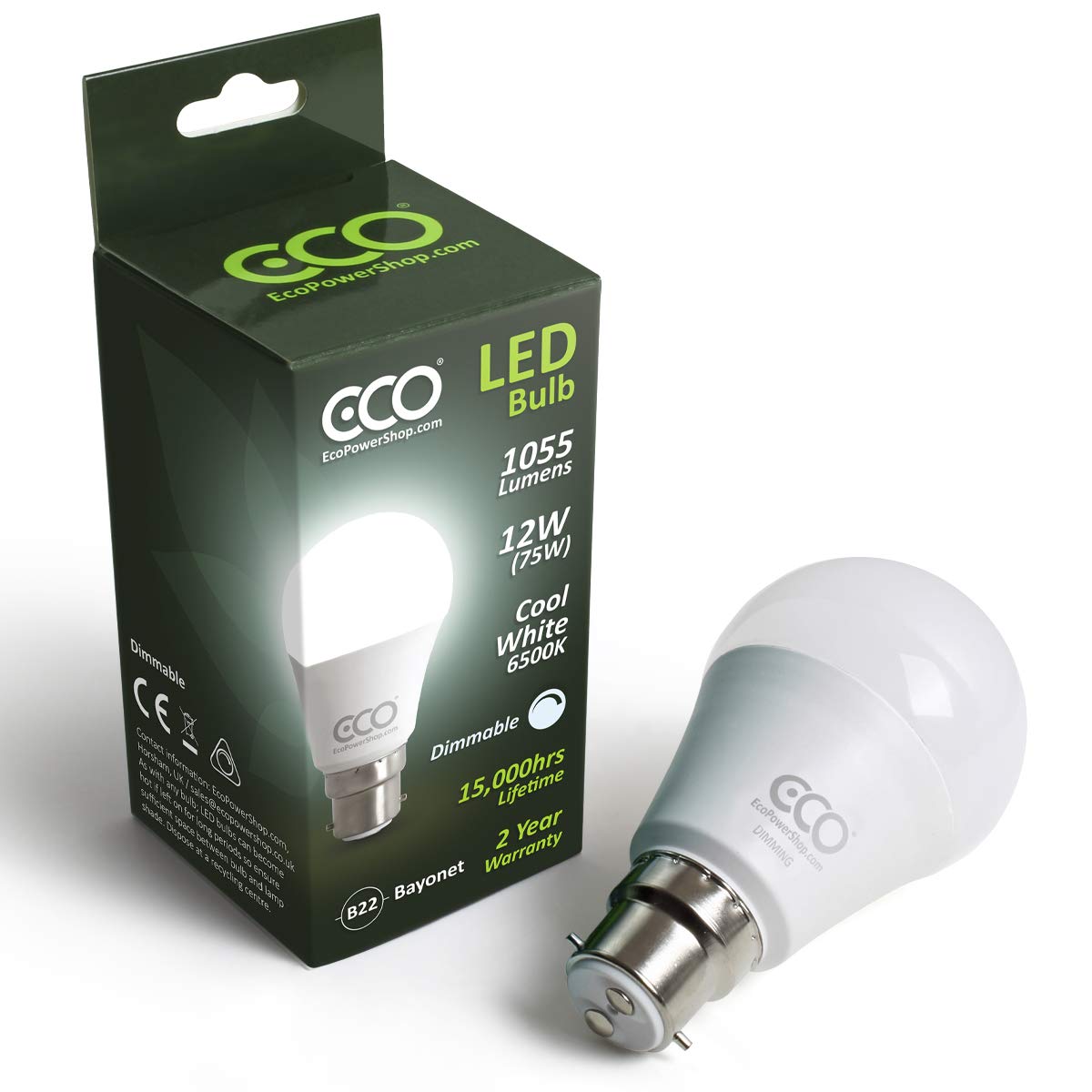 ECO DIMMABLE 2 Pin B22 Bayonet Light Bulb, 12W Dimmable LED Energy Saving Light Bulb, 75W Equivalent, Frosted, Cool White (6500K), 15000Hrs (Cool White (6500K), 1 x Pack)