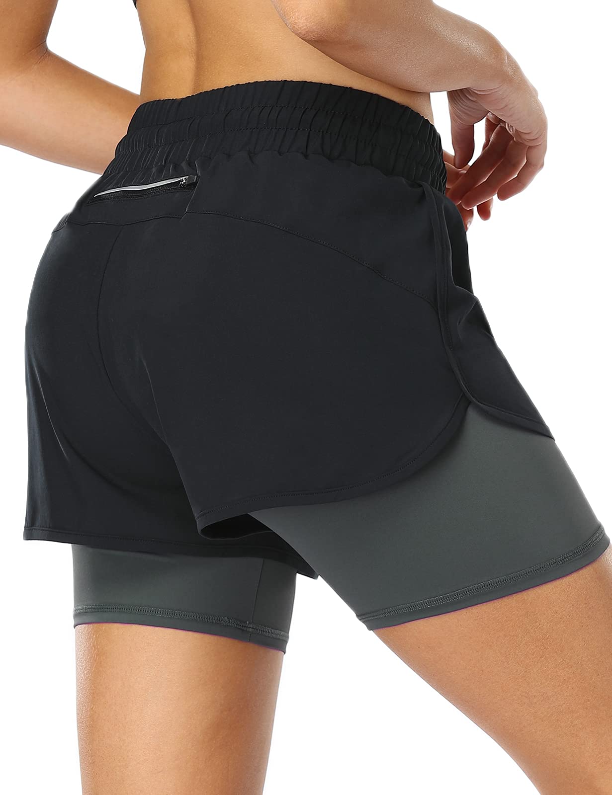 MOVE BEYOND Women's 2 in 1 Running Sports Shorts with Zipper Pocket Drawstring Quick Dry Workout Gym Yoga Shorts