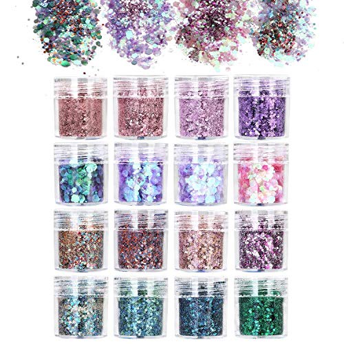 URAQT 16pcs Chunky Glitter Beauty Set For Body Cheeks And Hair, Festival And Party, Face and Nails Beauty Makeup,B