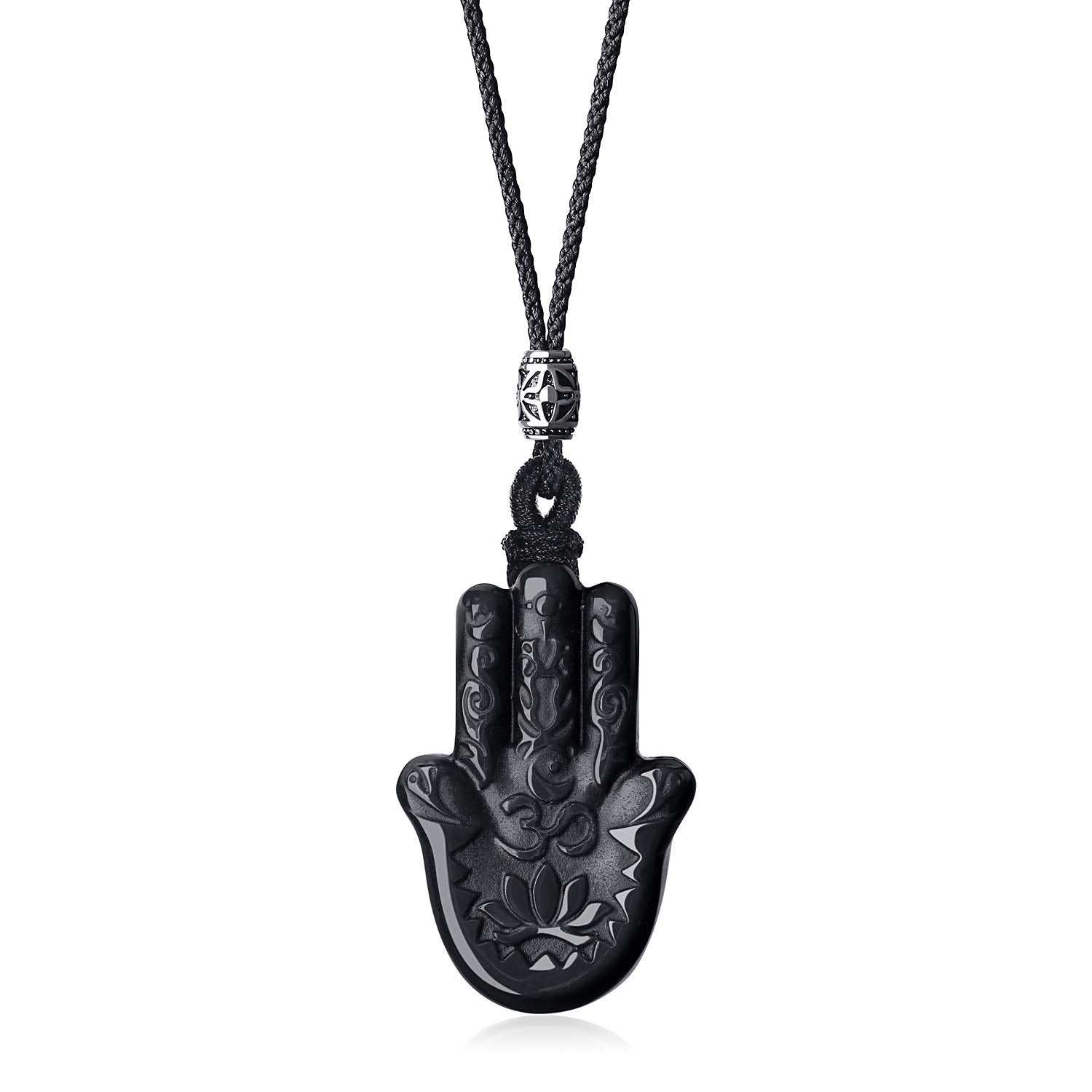 COAI Black Obsidian Stone Hamsa Hand Pendant Necklace