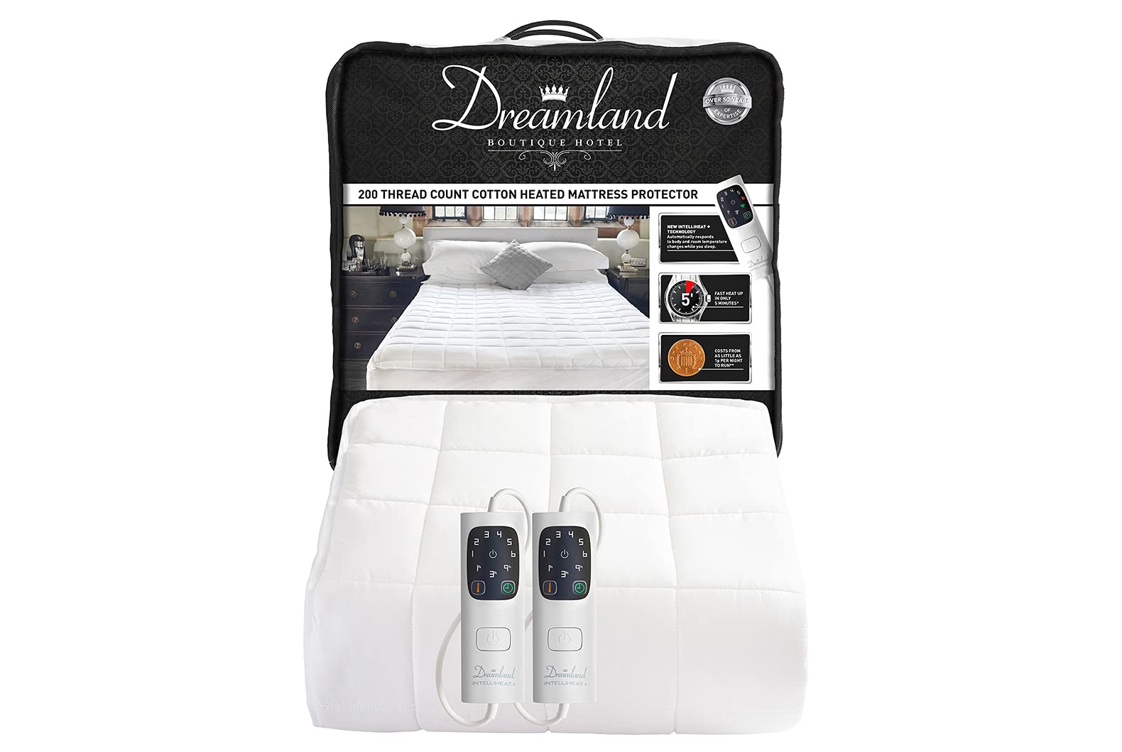 Dreamland Boutique Hotel 200 Thread Count Cotton Percale Electric Mattress Protector Kingsize 200x150cm, 2 Controls