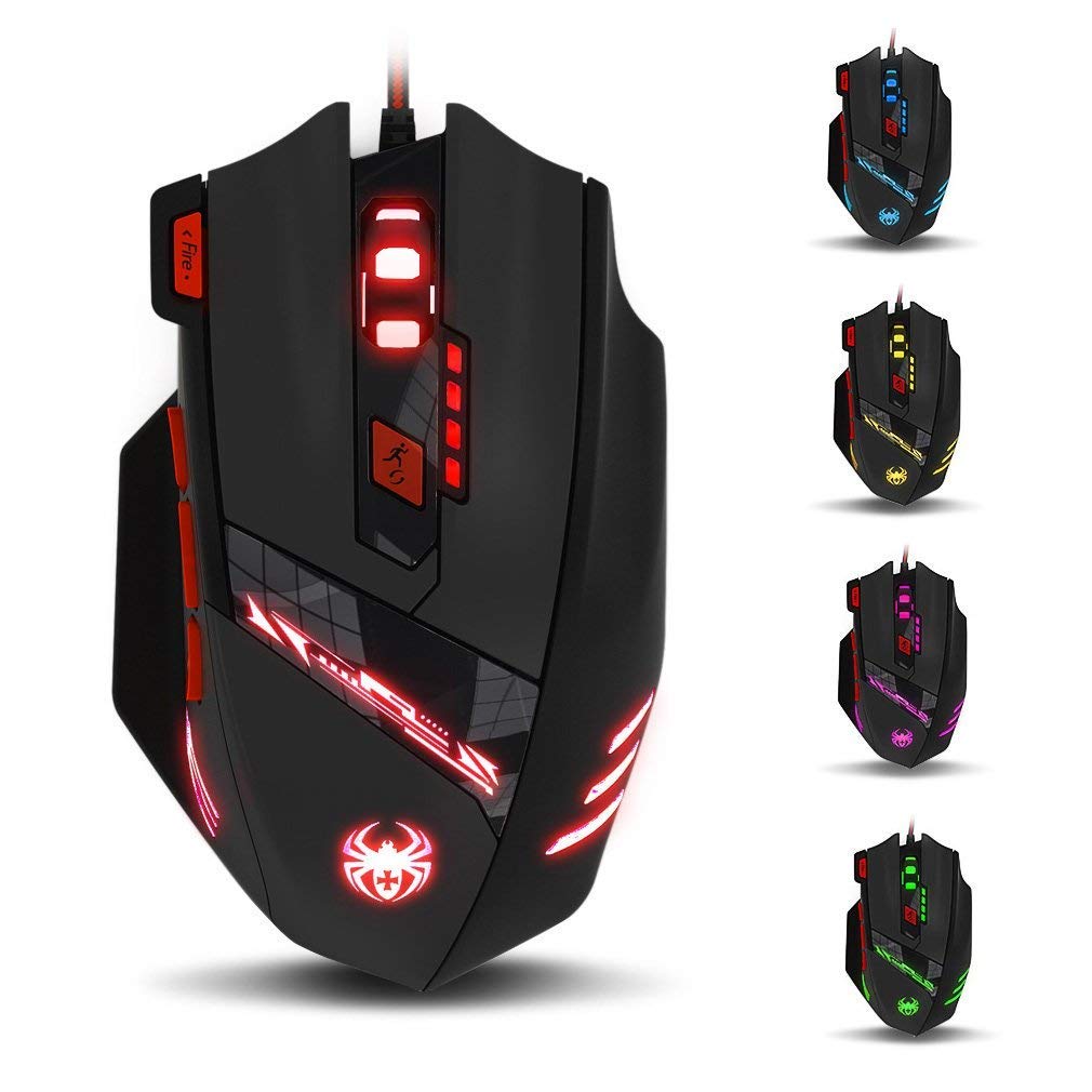Zelotes T90 Gaming Mouse 9200 DPI, 8 Buttons Multi-Modes LED lights USB Gaming Mice, Weight Tuning for Laptop, Desktop, PC, Macbook - Black