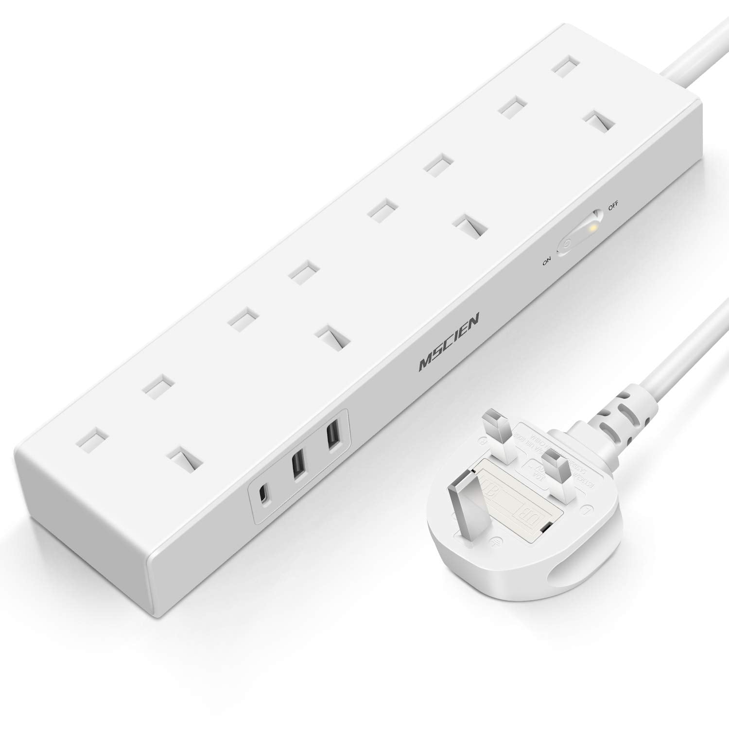 Extension Lead With USB C Slots, Mscien 3M 4 Way Outlets Power Strip With 1 USB-C And 2 USB Ports,Overload Protection Multi Power Plug Extension Socket For Home Office,White