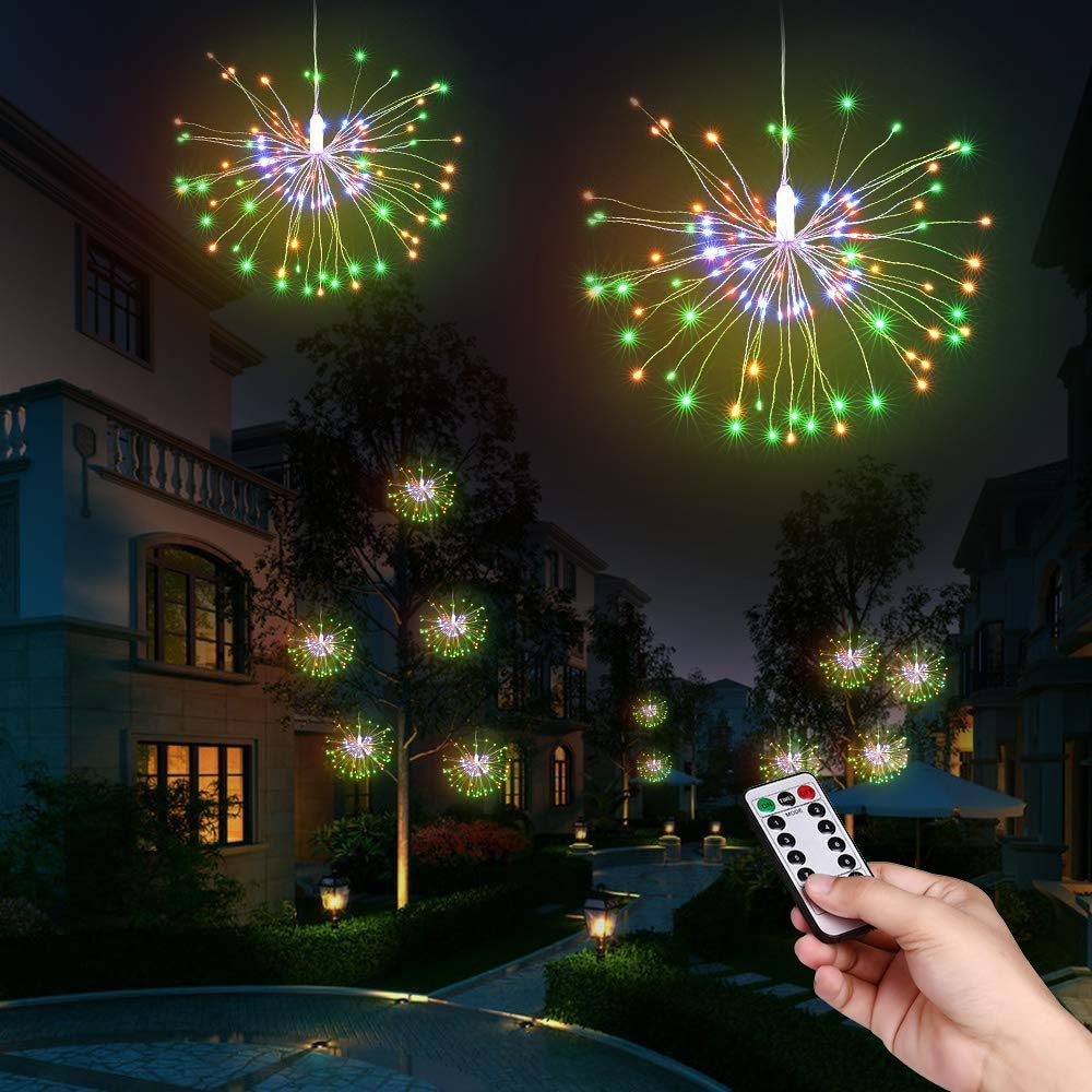 Ooklee Outdoor Chandelier Lights Battery Operated, Outdoor Fireworks 2 Pack 120 LED 8 Mode Waterproof Firework Fairy String Hanging Umbrella Lights, for Garden Outside Party Christmas (Multi Colour)