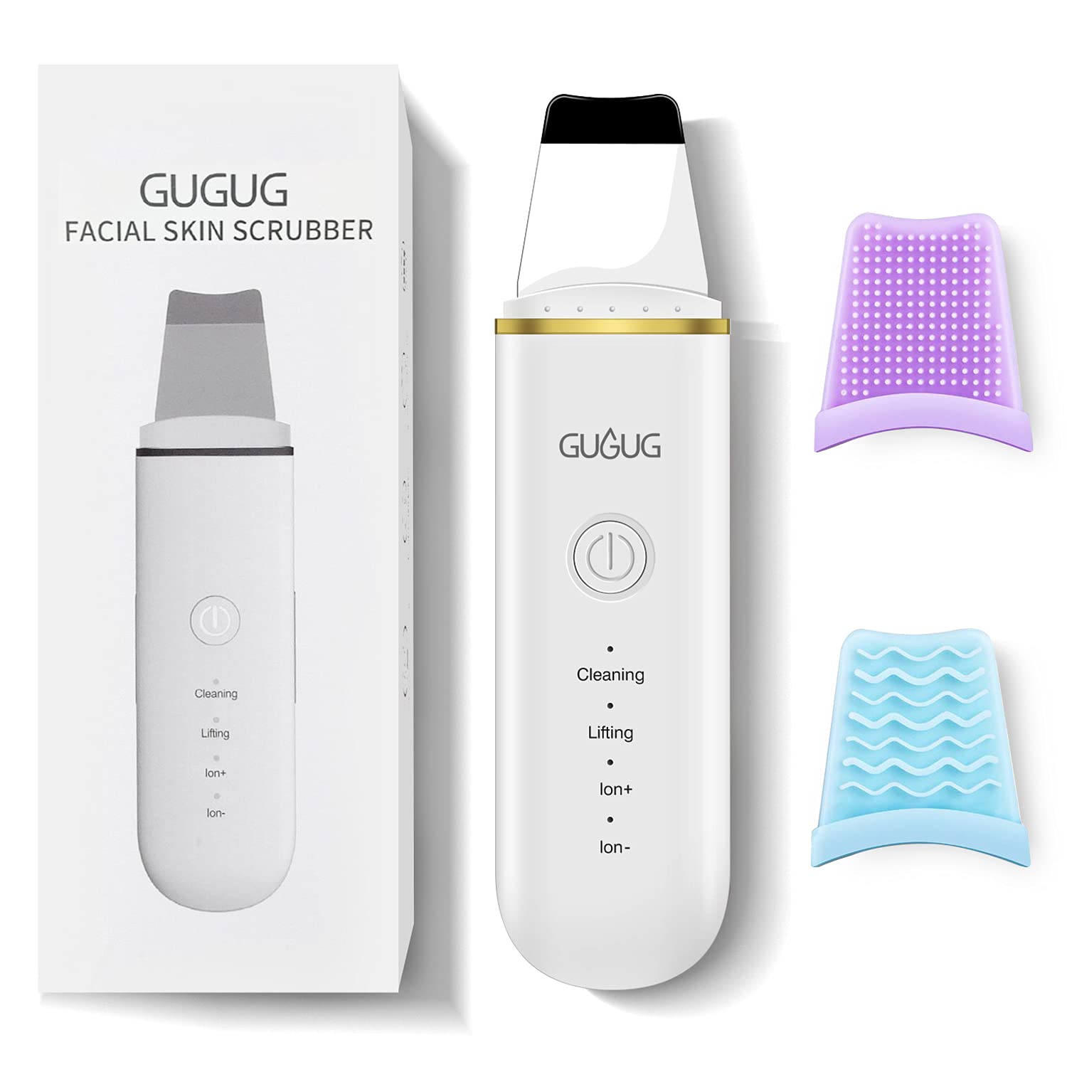 GUGUG Facial Skin Scrubber, Skin Spatula Face Blackhead Scraper with Four Modes for Blackhead Removing and Deep Cleansing, Portable and Rechargeable Pore Scrubber Include 2 Silicone Covers.