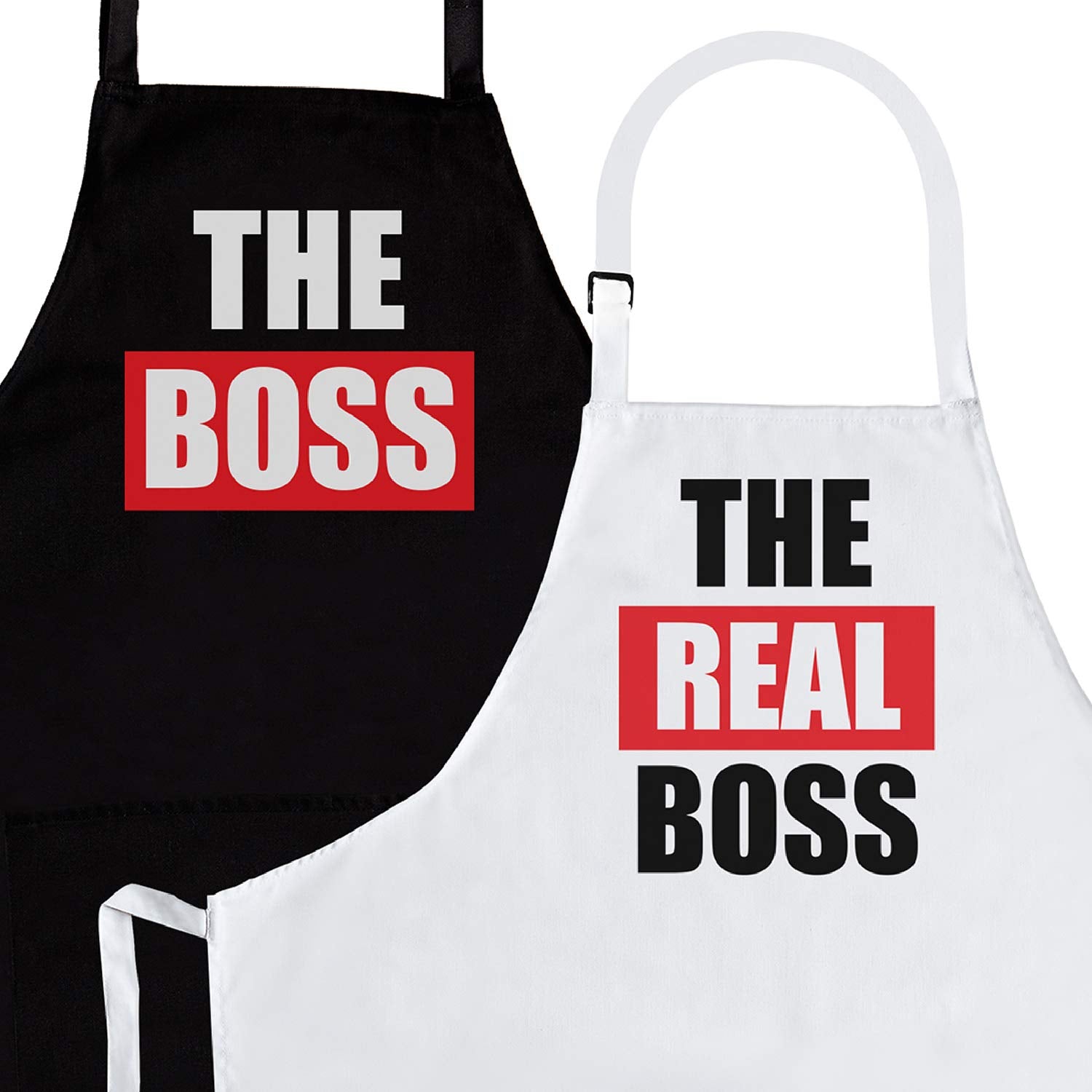 Nomsum Aprons for Couples | The Boss & Real Boss Apron Set | Premium Quality Kitchen Aprons | Perfect for Weddings, Engagements, Anniversaries and Bridal Showers | 2-Piece, One Size Fits All