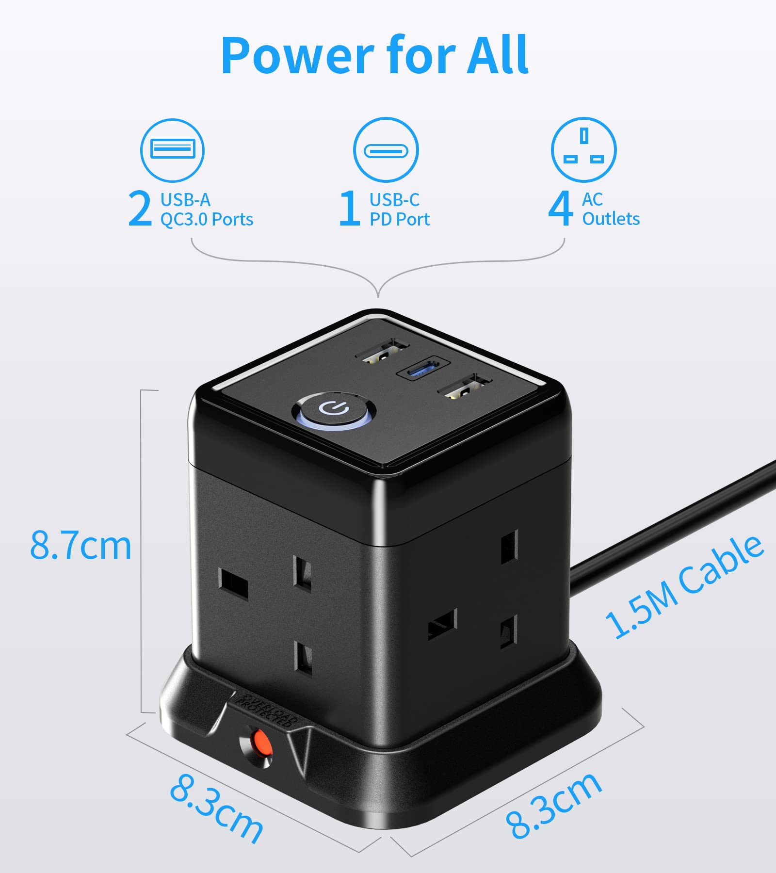 Hulker Cube Extension Lead with USB Ports (20W PD USB C), 4 Way Multi Plug Extension Socket with 3 USB Slots, Mountable Power Strip with Switch Overload Protection 3250W 13A Extension Cord 1.5M