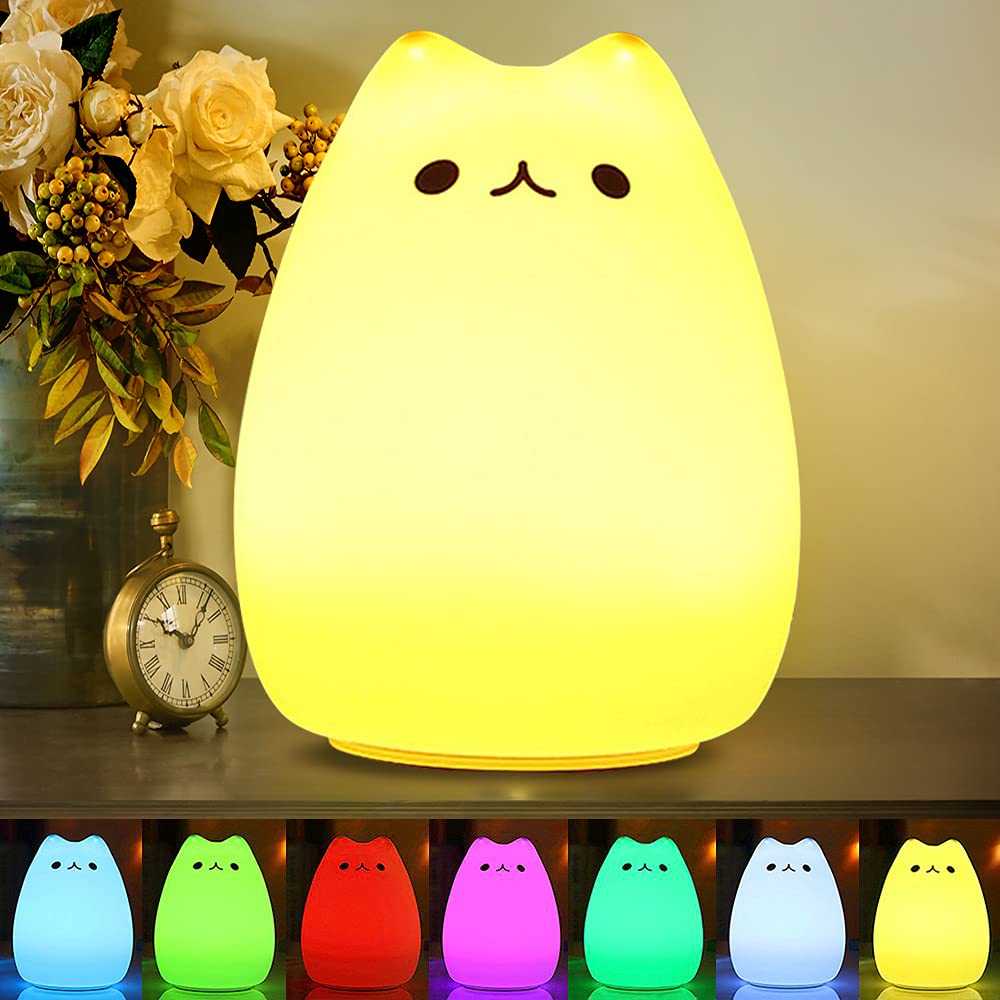 CHwares Portable LED Children Night Light Kids Multicolor Silicone Cat Lamp, Warm White &7-Color Breathing Dual Light Modes, Sensitive Tap Control for Baby Adults Bedroom，USB Rechargeable Lighting