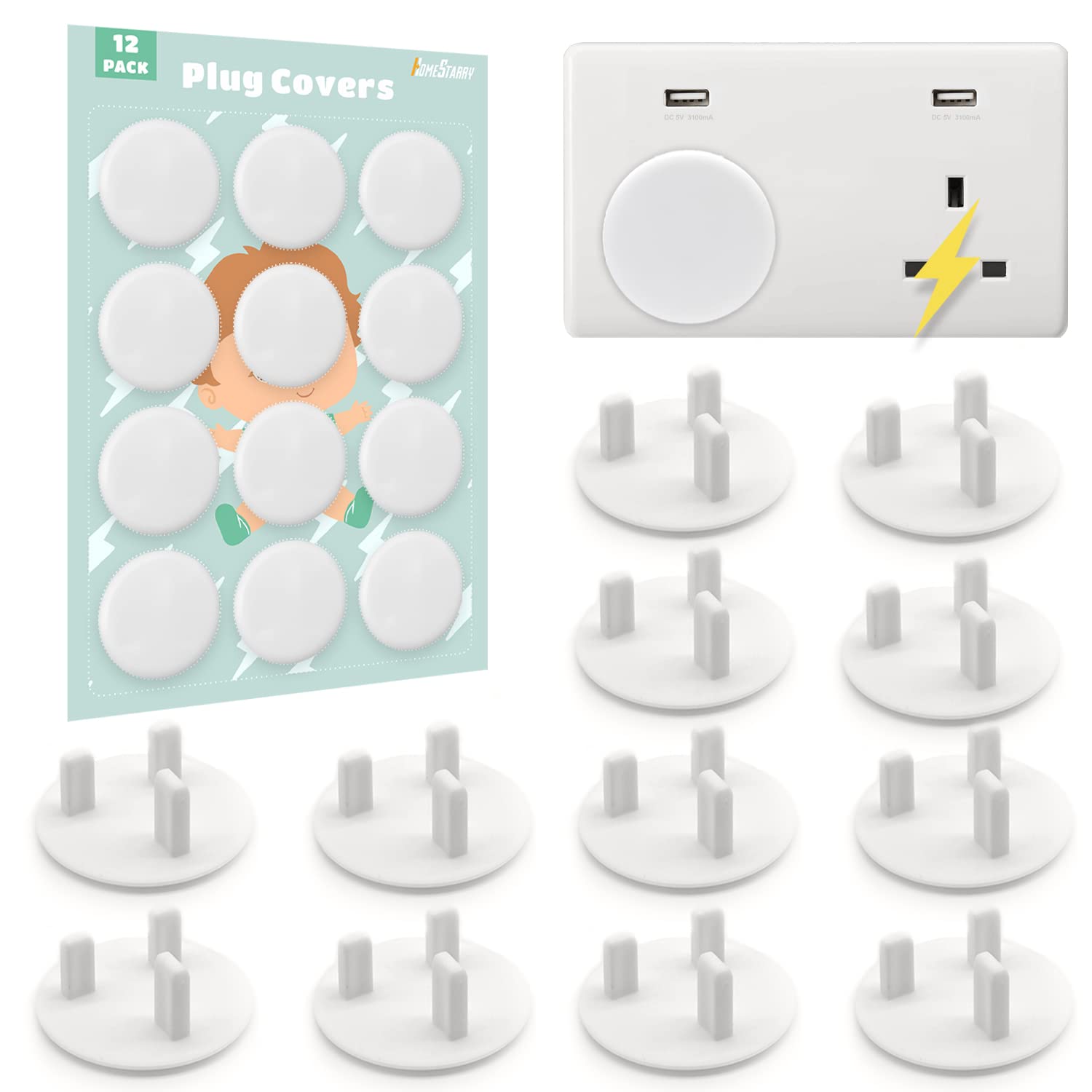 Plug Socket Covers, 12 Pieces White Socket Protectors, Childproof Outlet Protector Plug Covers Safety Caps Socket Covers UK, Protect for Toddlers & Babies Safety at Home & School