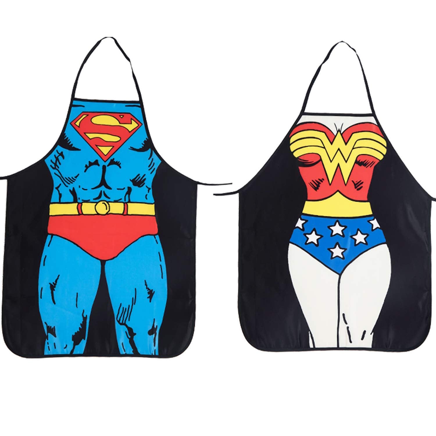 Cycorld Funny Novelty Apron Christmas Sexy Kitchen Gift Xmas Cooking BBQ Party Apron for Men and Women Gift (2pcs Superman + Wonder Woman Aprons)