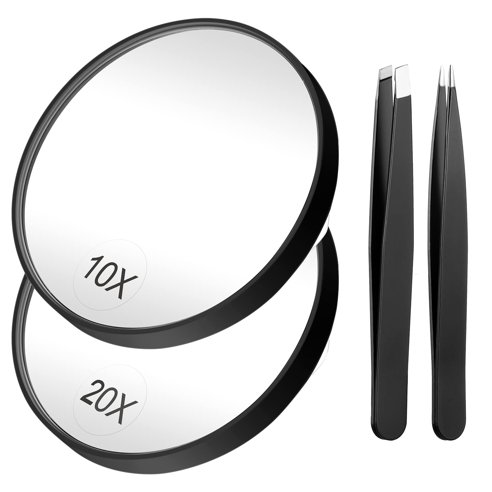 Magnifying Mirror and Tweezers Kit, Funtopia 20X/10X Magnifier Compact Mirrors with 2 Suction Cups, Travel Mirror for Makeup, Eyebrow Tweezing, Blackhead Blemish Removal (3.5 Inch, Black)