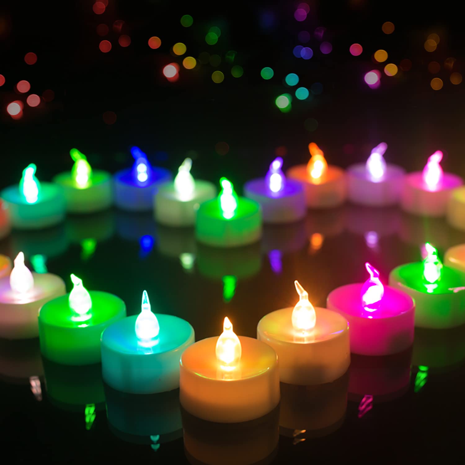 Homemory 24 Pack Colour Changing LED Tea Lights, Flameless Tealight Candles with Rainbow Colors, Battery Operated Colored Fake Candles for Wedding, Party and Christmas, White Base No Flickering Light