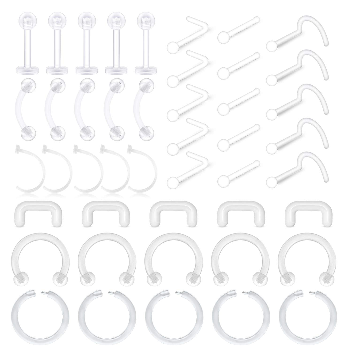 LAURITAMI 30-45pcs Clear Piercing Retainers Cartilage Lip Nose Helix Tragus Studs Rings Hoops Rings Bioflex Flexible Horseshoe Clicker Earrings Piercings Retainer 20G 16G